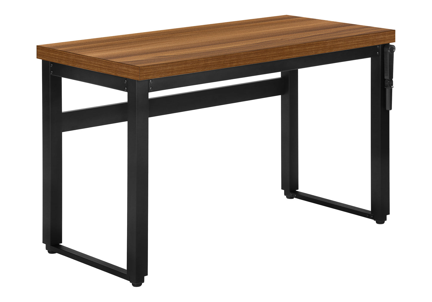 Modern walnut wood top desk with black metal frame and folding leg mechanism