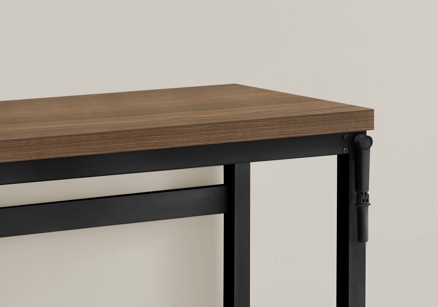 Modern walnut wood desk with black metal frame and adjustable leg height