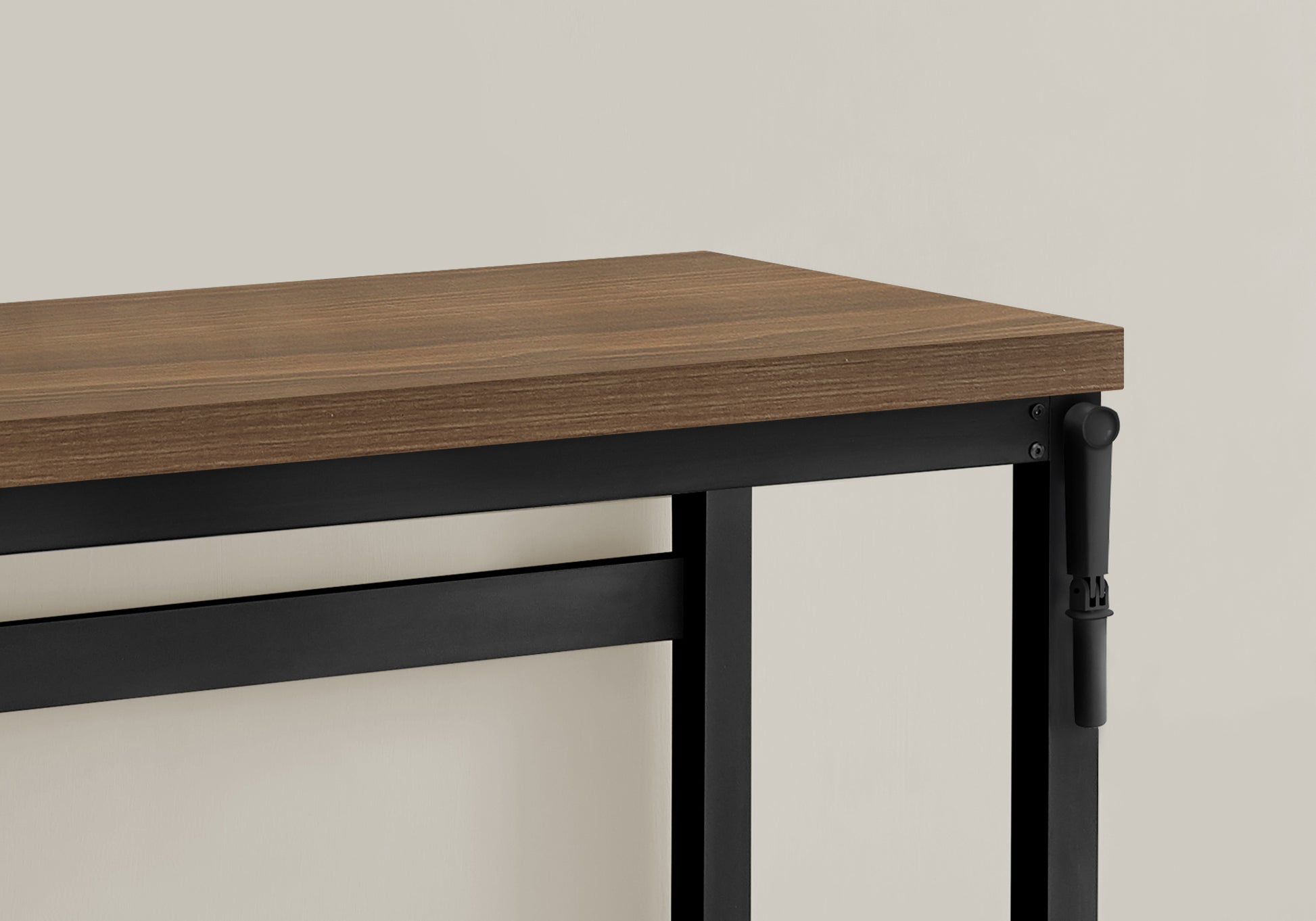 Modern walnut wood desk with black metal frame and adjustable leg height