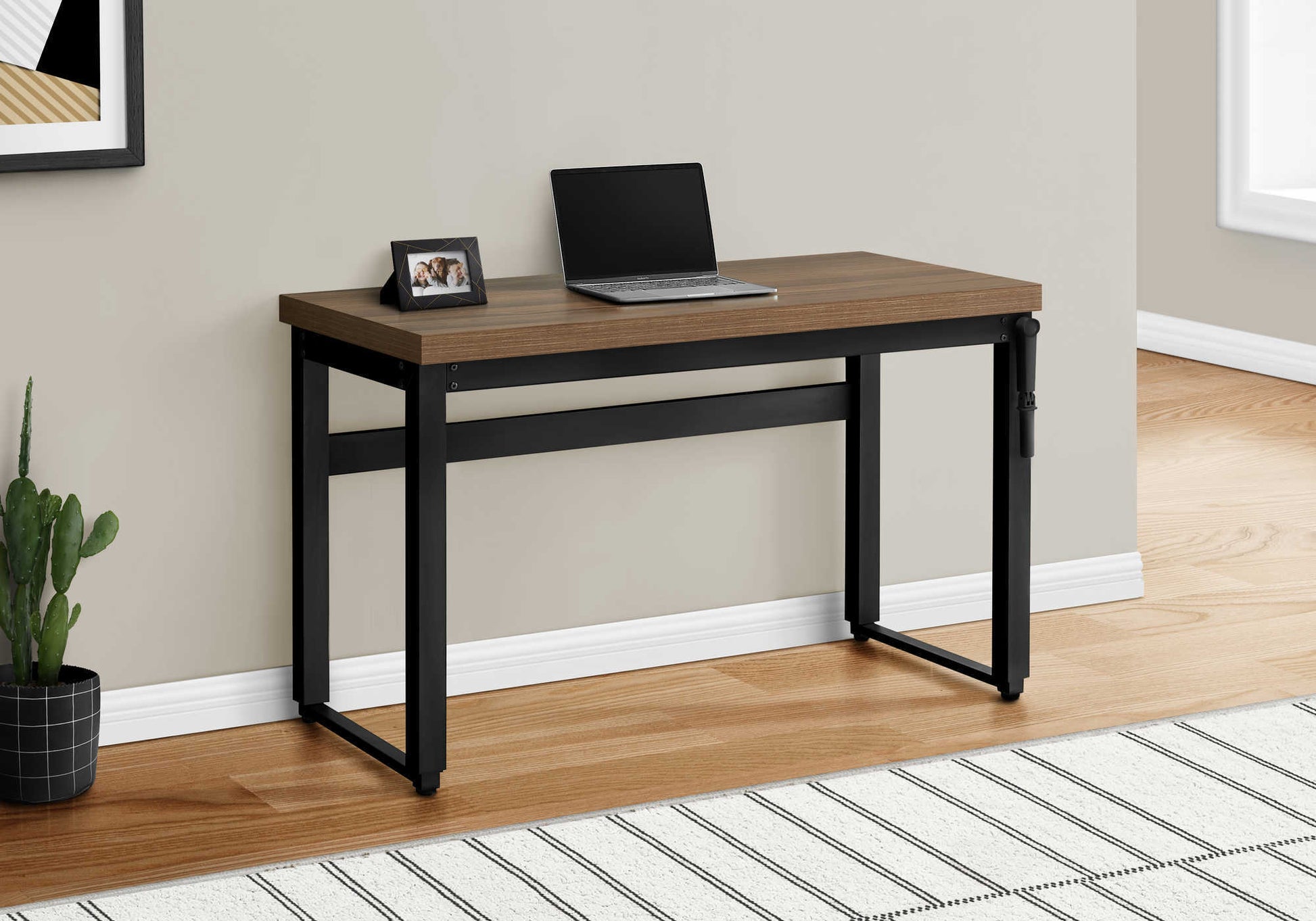 Modern walnut wood desk with black metal frame open concept design for home office use