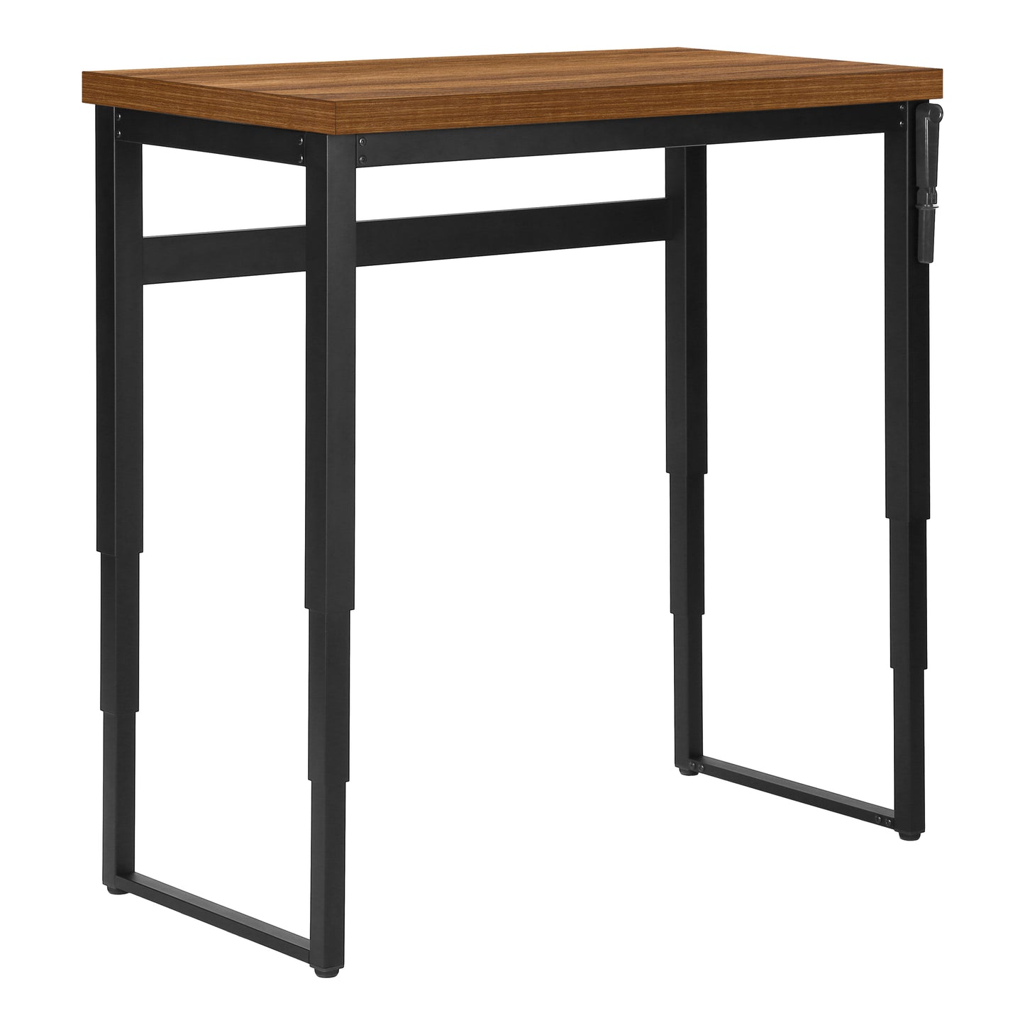 Adjustable height desk with walnut finish top and black metal frame