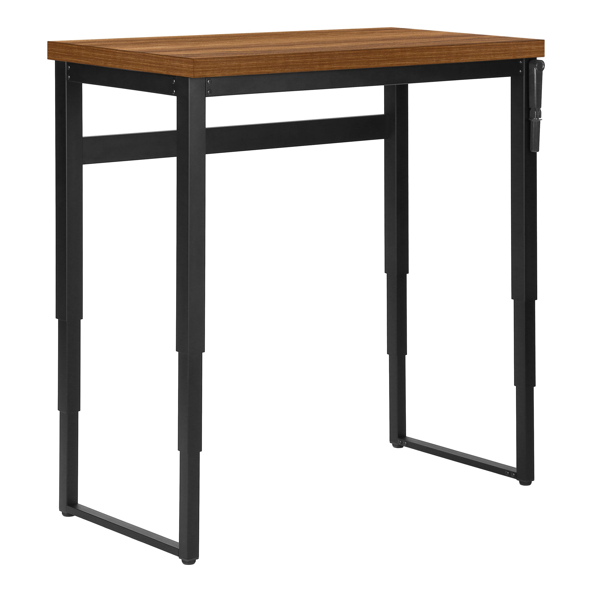 Adjustable height desk with walnut finish top and black metal frame