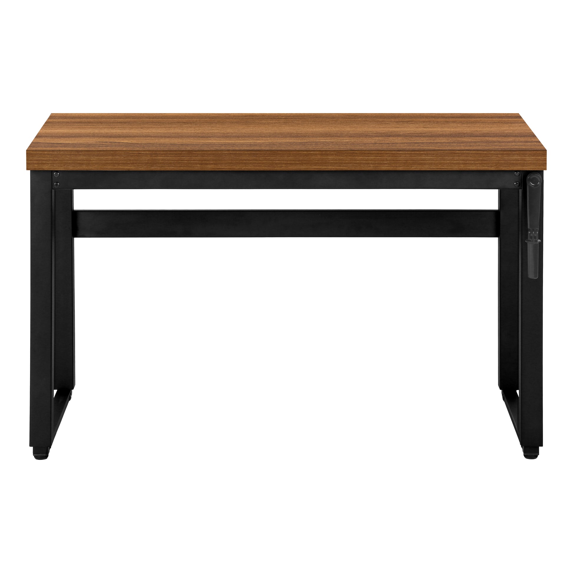 Compact walnut laminate writing desk with black metal legs ideal for small spaces