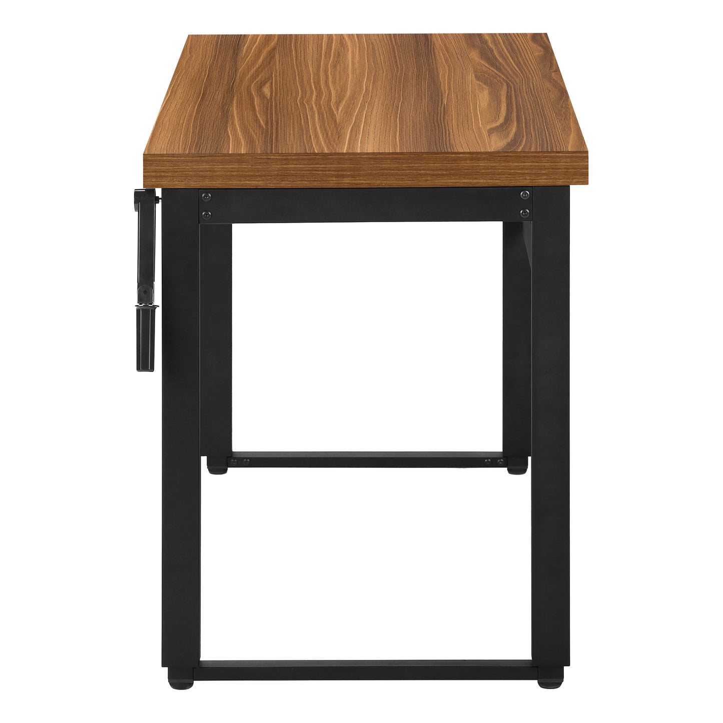 Woodgrain top standing desk with adjustable crank and black metal frame