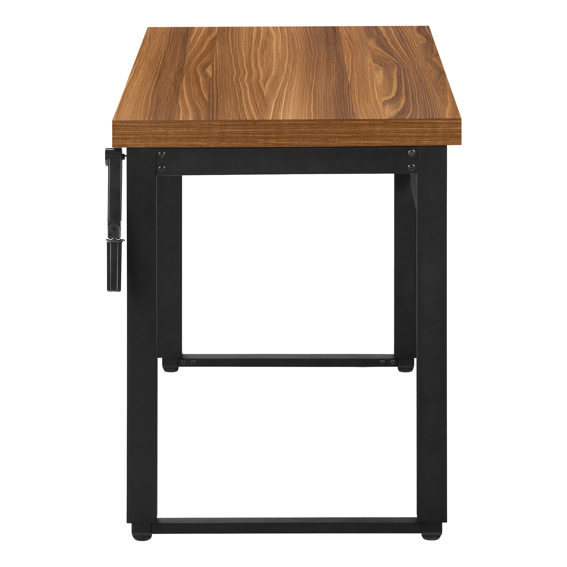 Woodgrain top standing desk with adjustable crank and black metal frame