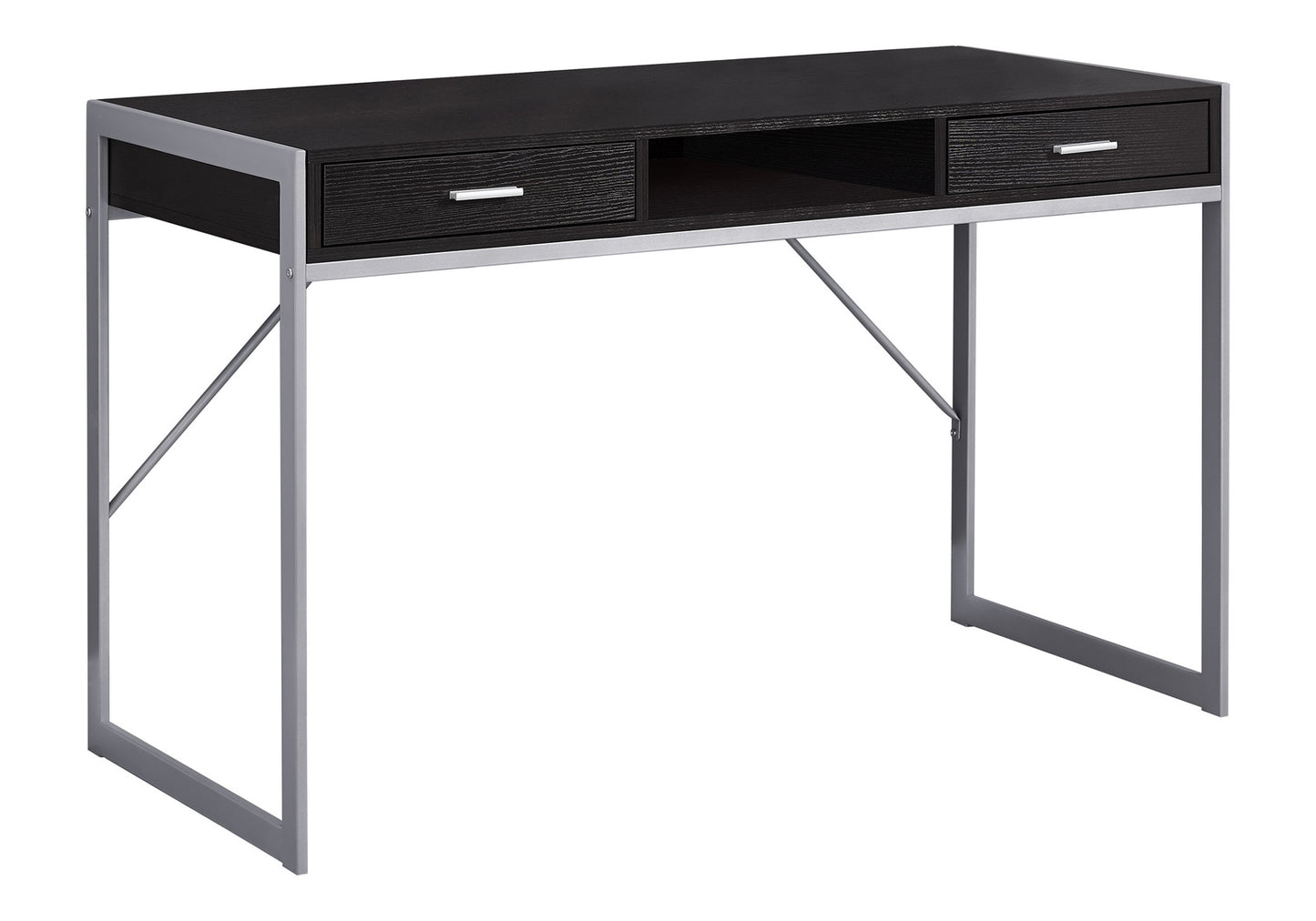 Modern black wood desk with silver metal frame two drawers and open shelf