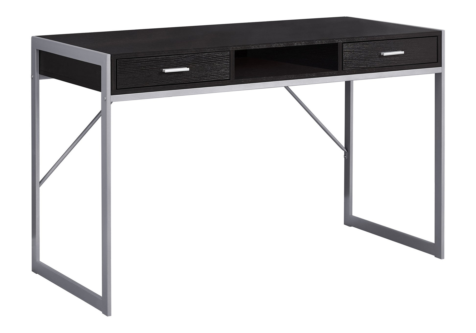 Modern black wood desk with silver metal frame two drawers and open shelf