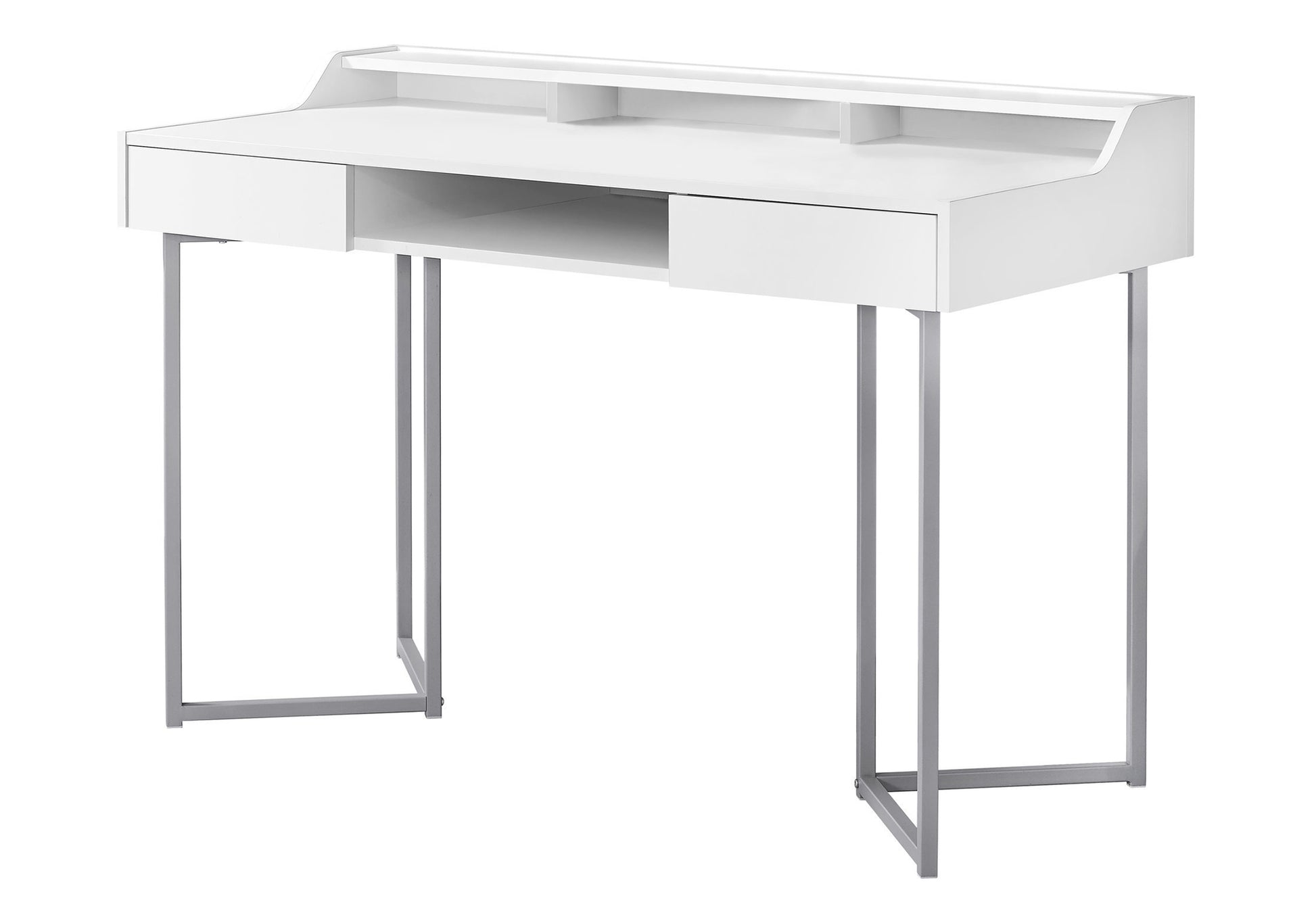 Modern white writing desk with silver metal legs and two drawers