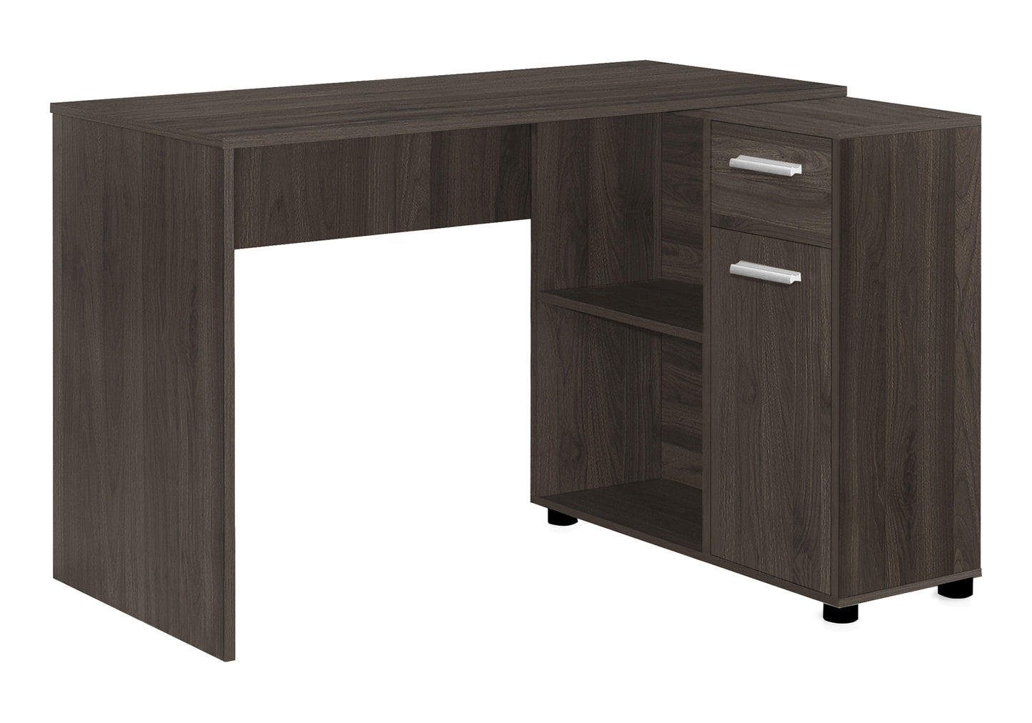Dark wood Lshaped computer desk with two drawers and open shelves
