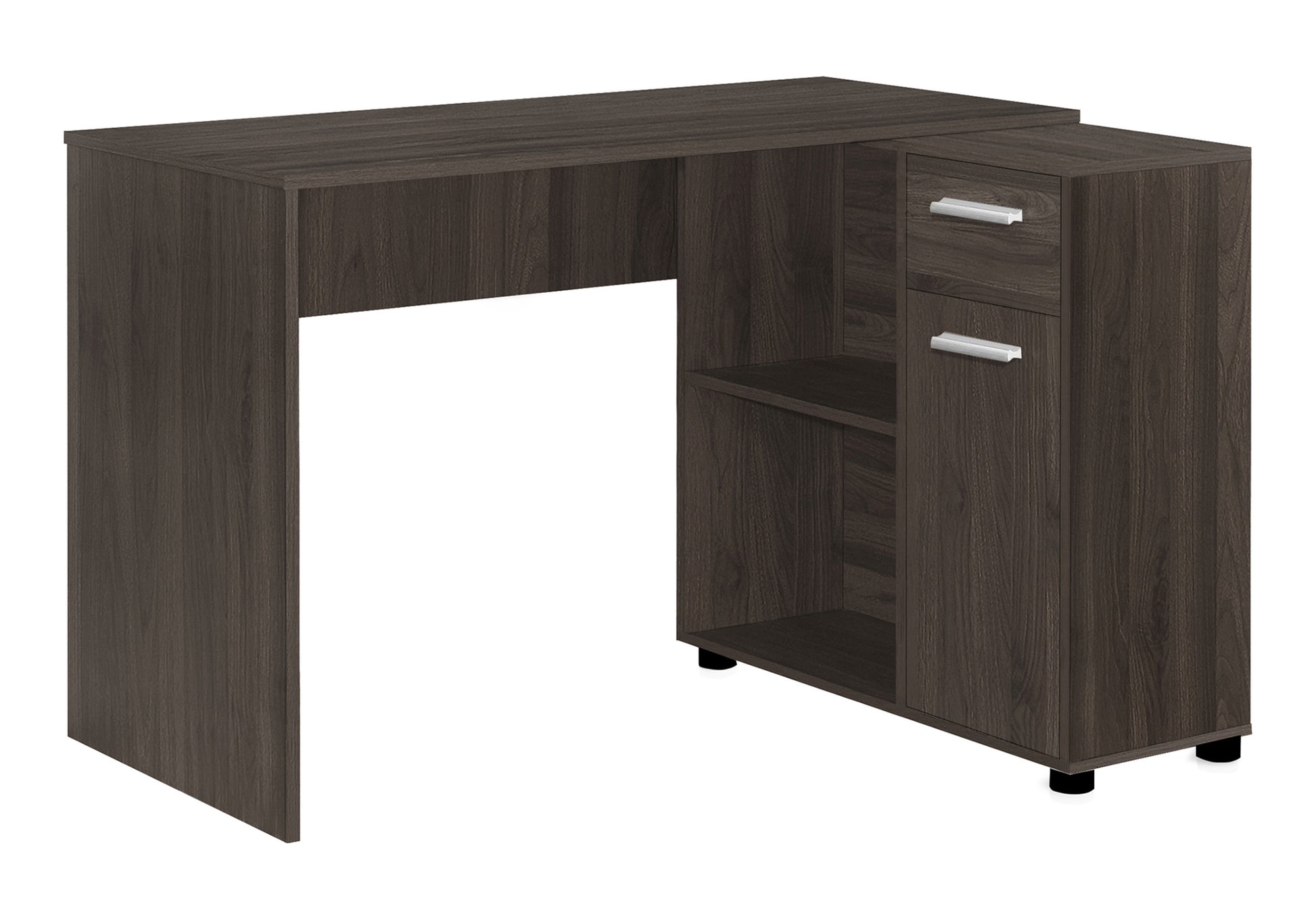 Dark wood Lshaped computer desk with two drawers and open shelves