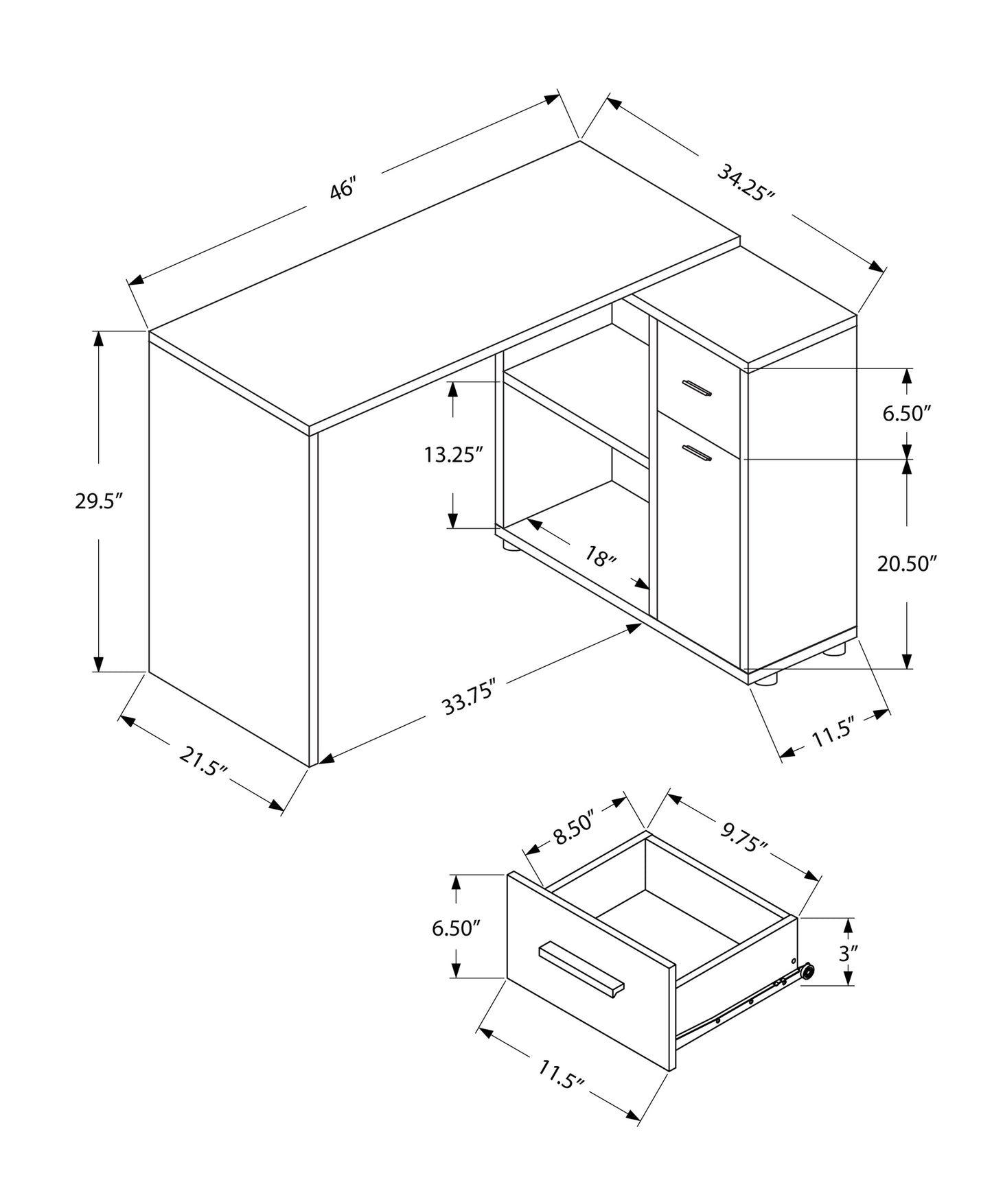 Line drawing of a modular desk with dimensions for length width and height