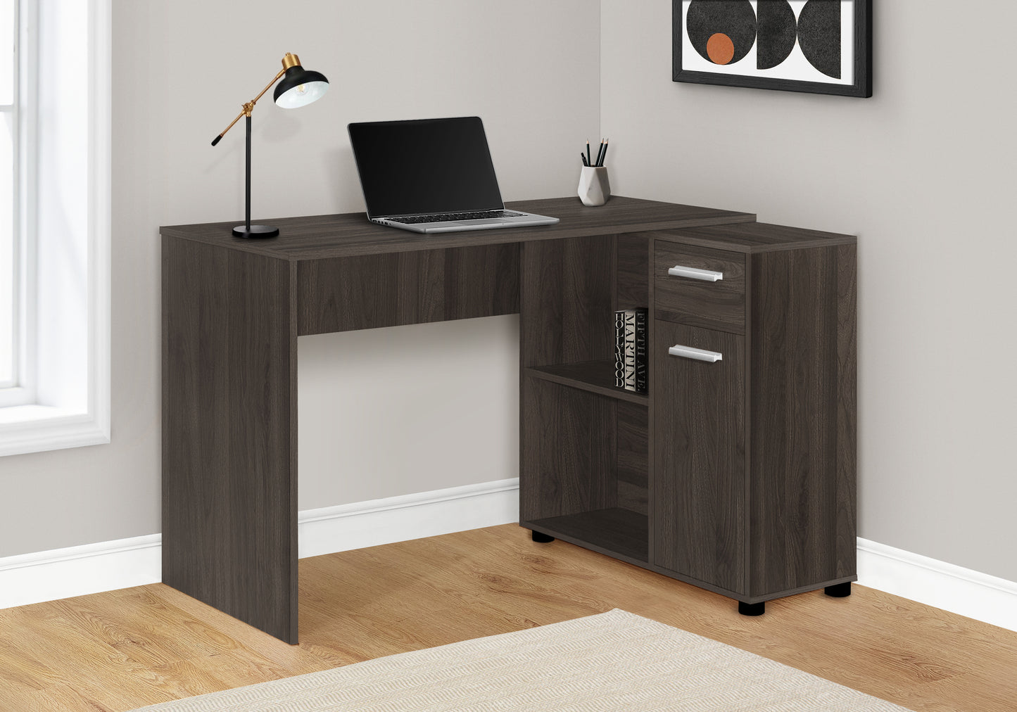 Dark brown laminate corner desk with open shelf two drawers and silver handles
