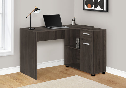 Dark brown laminate corner desk with open shelf two drawers and silver handles