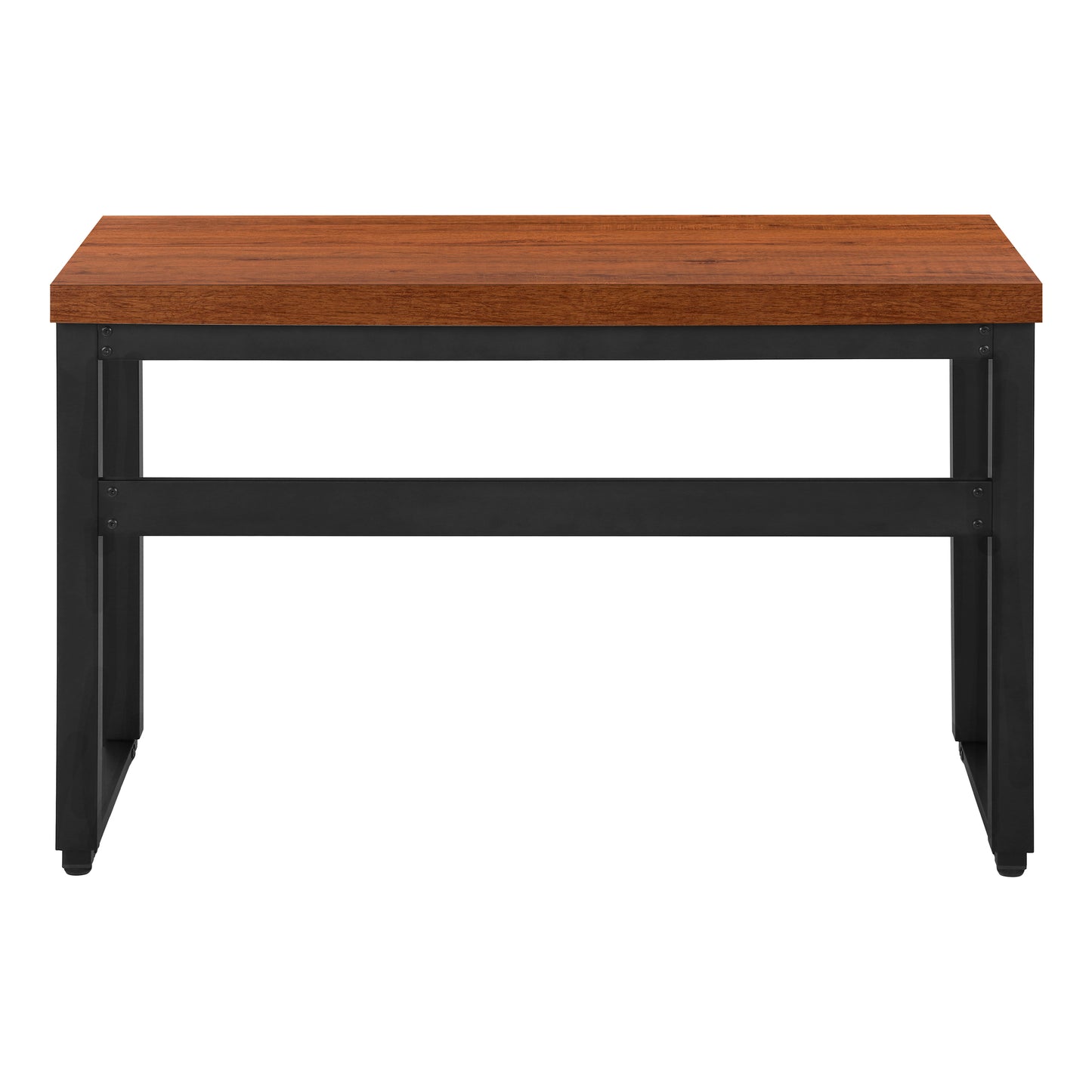 Simple wooden desk with black metal frame and natural wood grain top