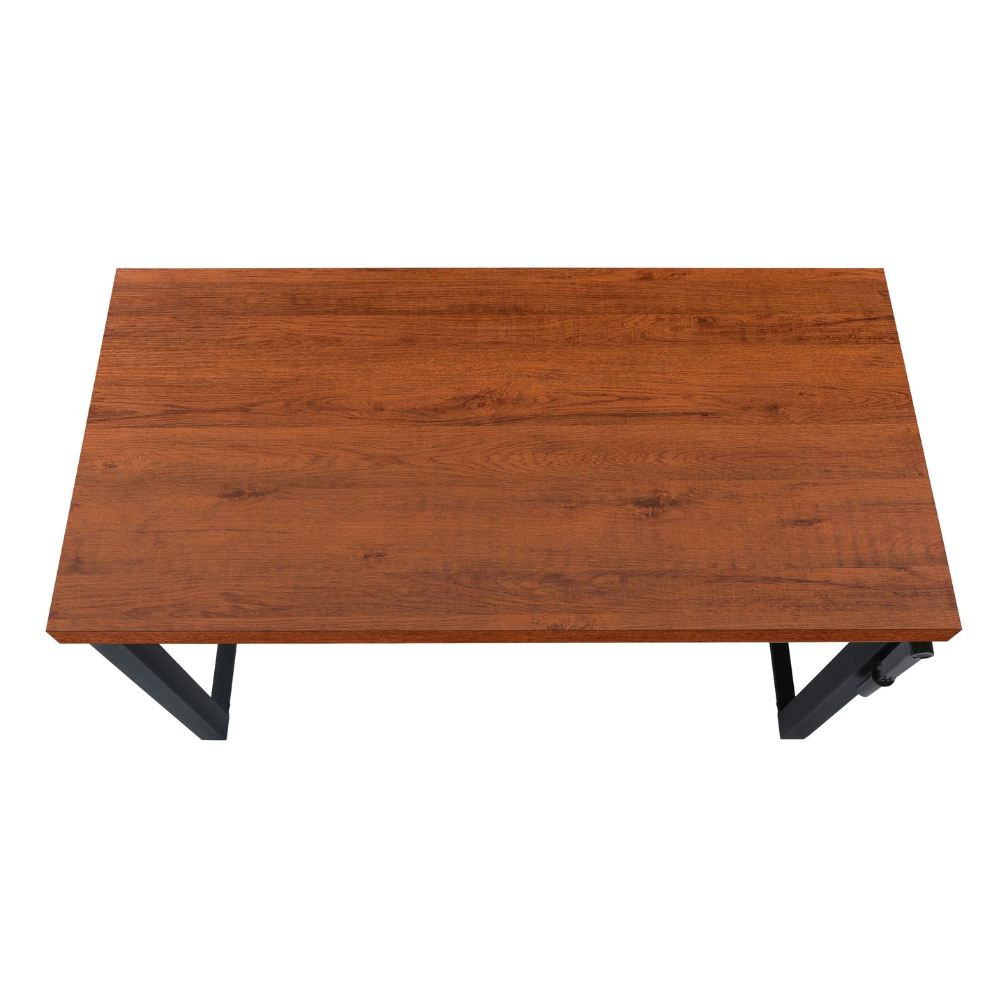 Adjustable standing desk with cherry wood laminate top and black metal legs ideal for home office