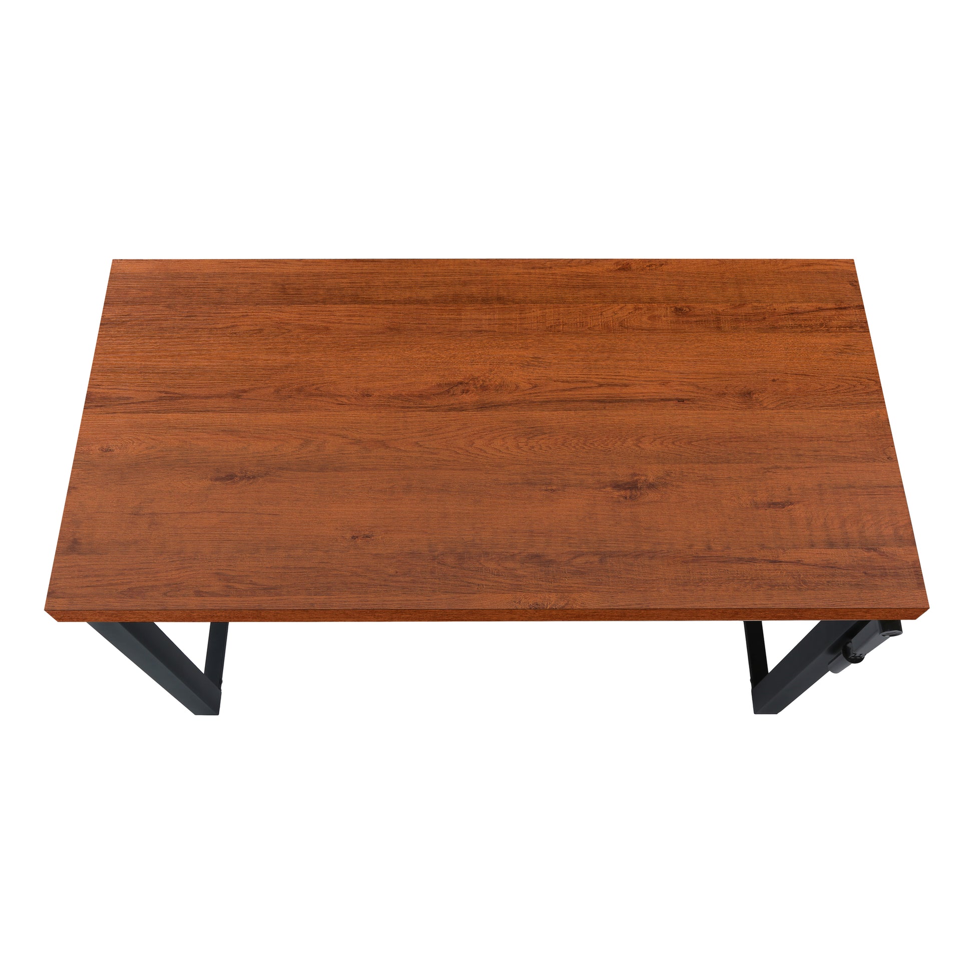 Adjustable standing desk with cherry wood laminate top and black metal legs ideal for home office