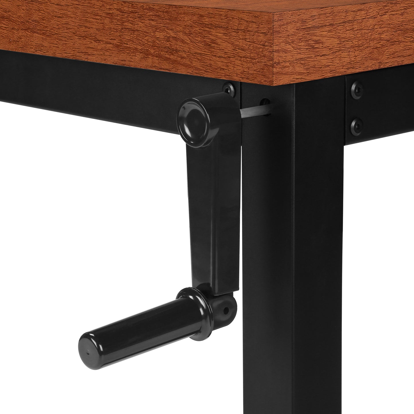 Butcher block workbench with black metal frame and crank for adjustable height