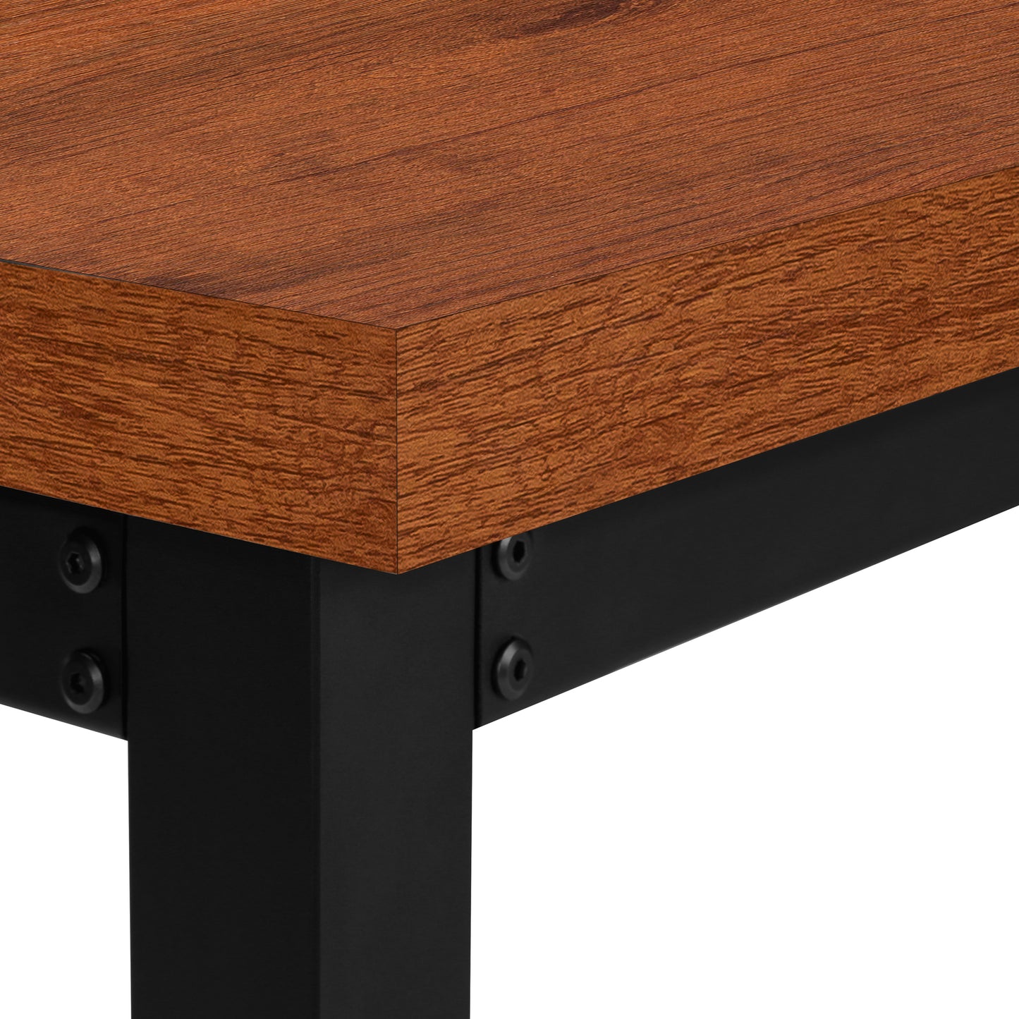 Closeup of a rich brown wood desk surface with visible grain texture and black metal legs
