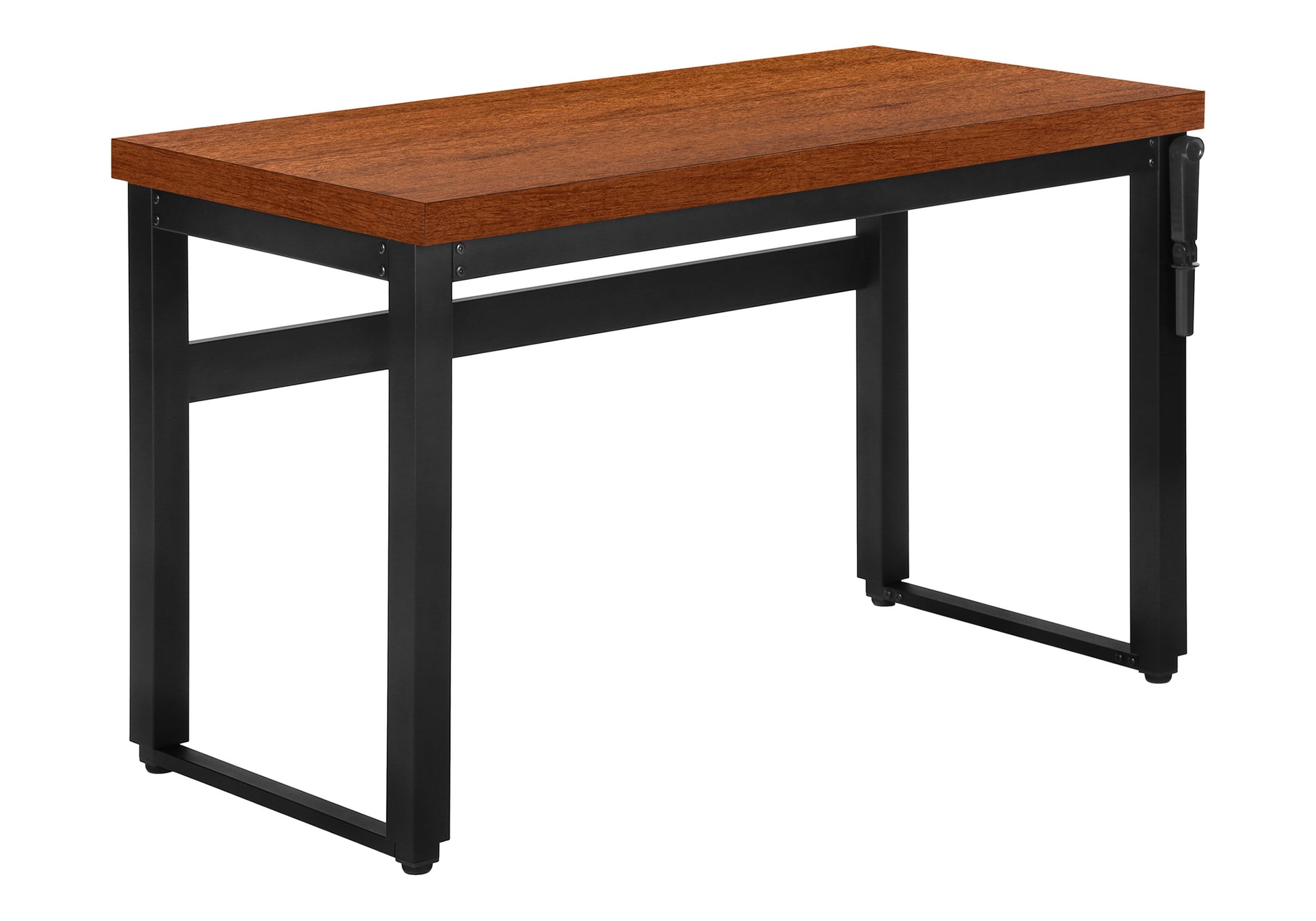 Compact wood writing desk with black metal legs and a smooth rich cherry finish top