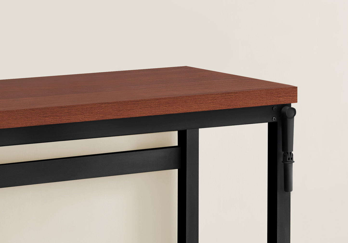 Cherry wood desk with black metal frame and adjustable leg