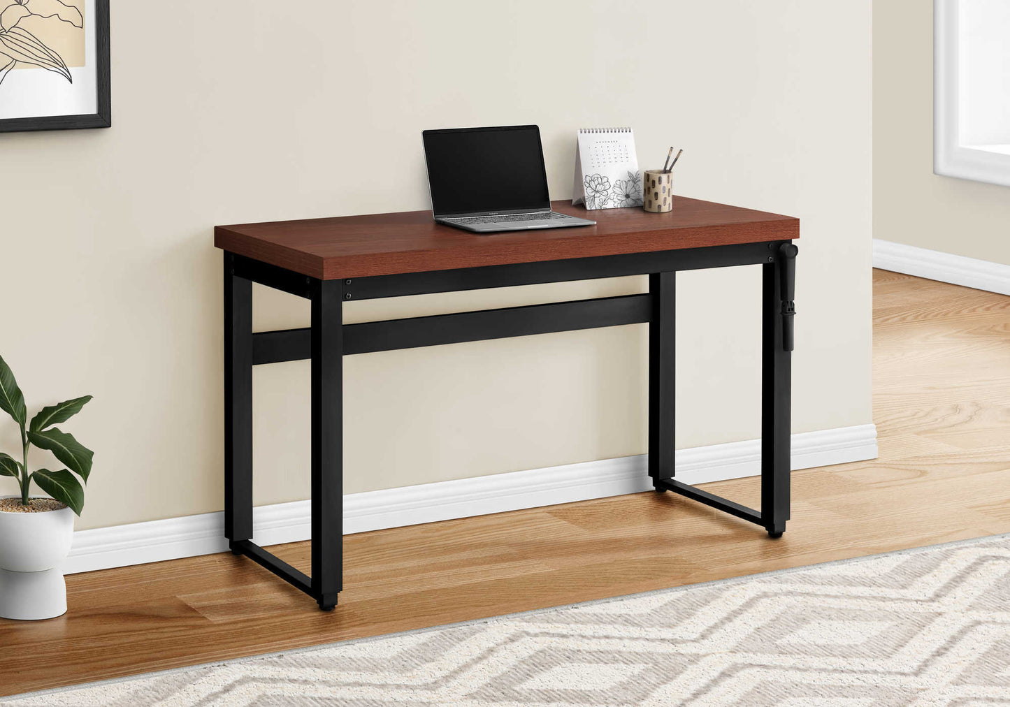 Compact cherry wood laptop desk with black metal frame ideal for small spaces