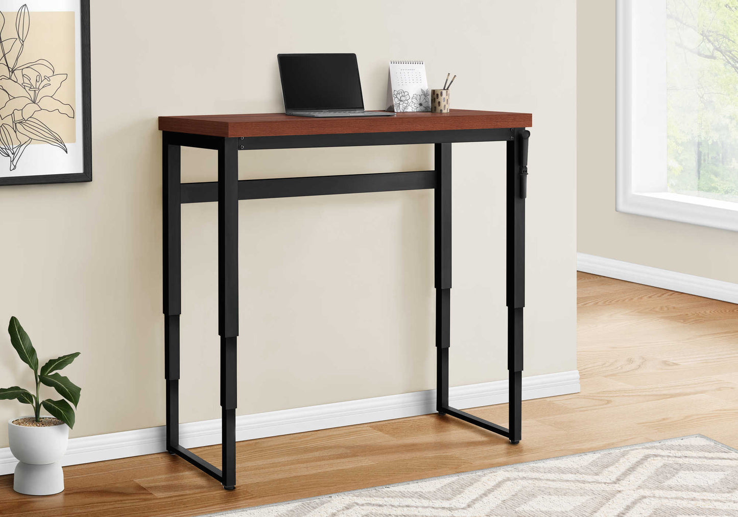 Adjustable height writing desk with cherry wood top and black metal legs
