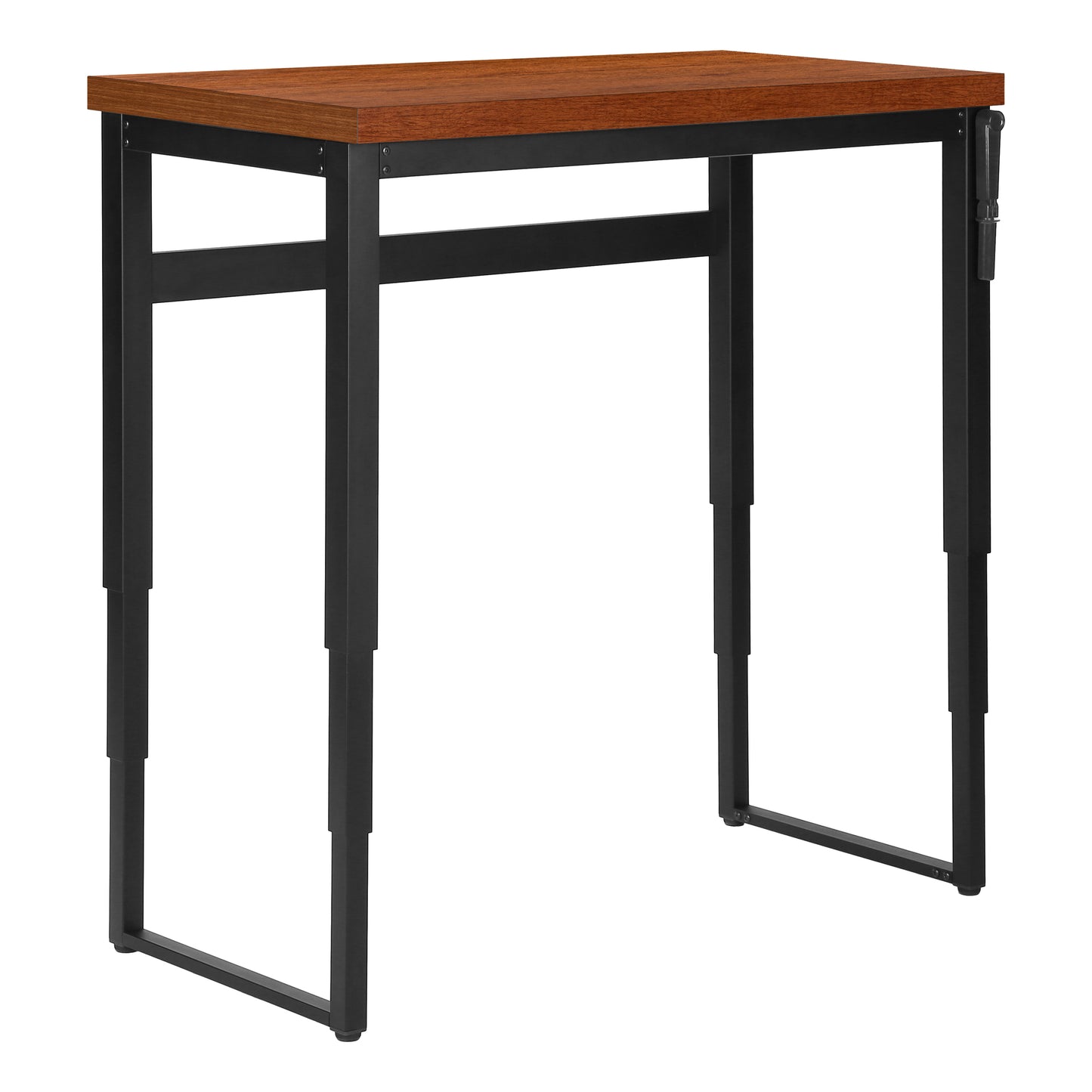 Adjustable height standing desk with warm wood top and black metal frame