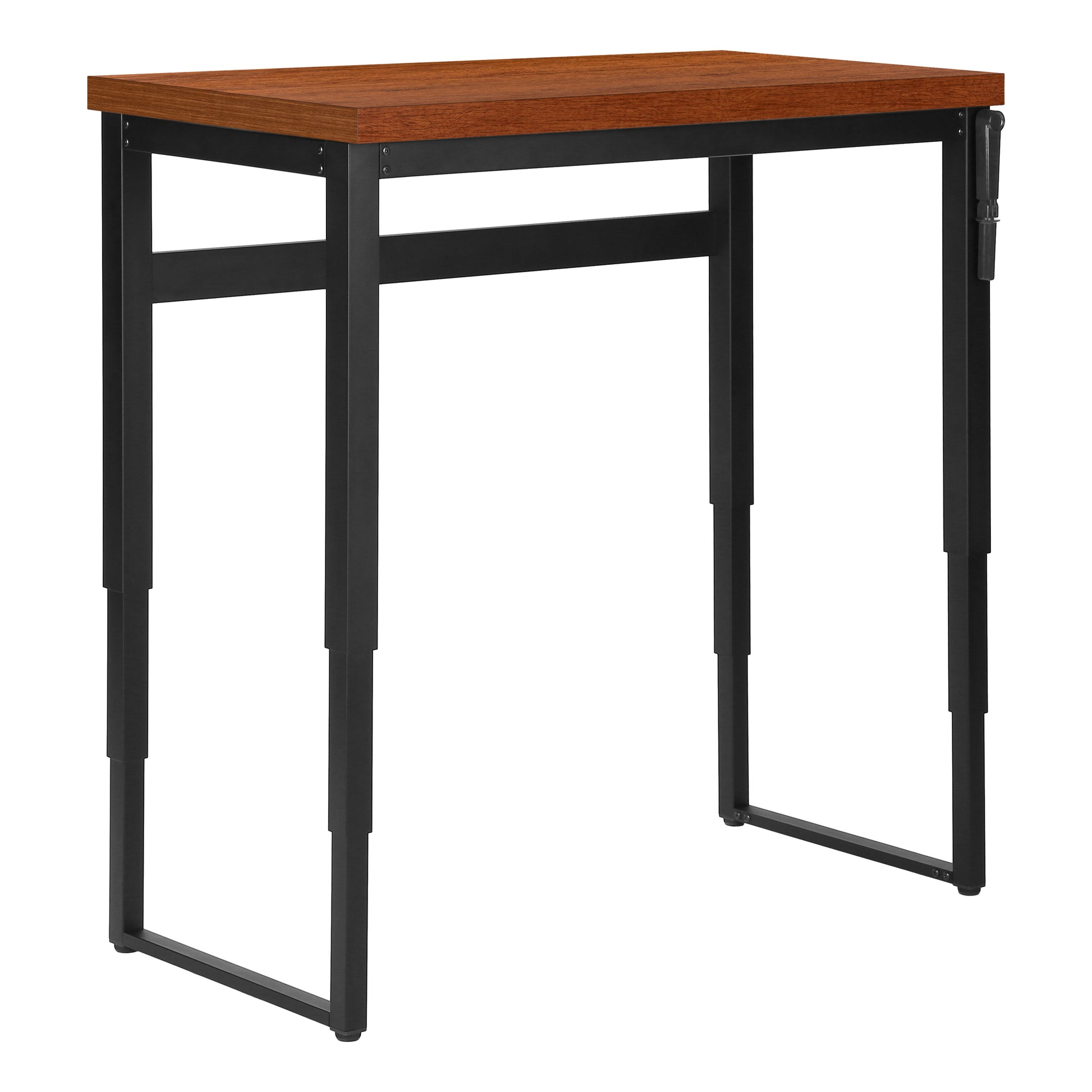Adjustable height standing desk with warm wood top and black metal frame