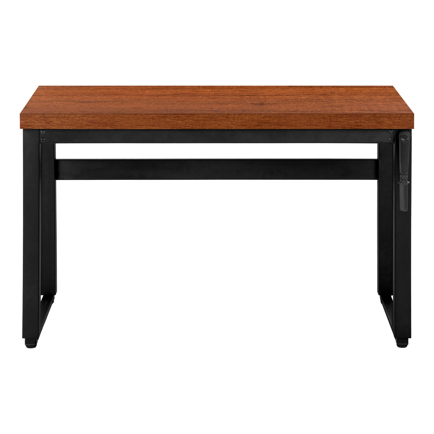 Sleek midcentury modern desk with a walnut veneer top and black metal legs