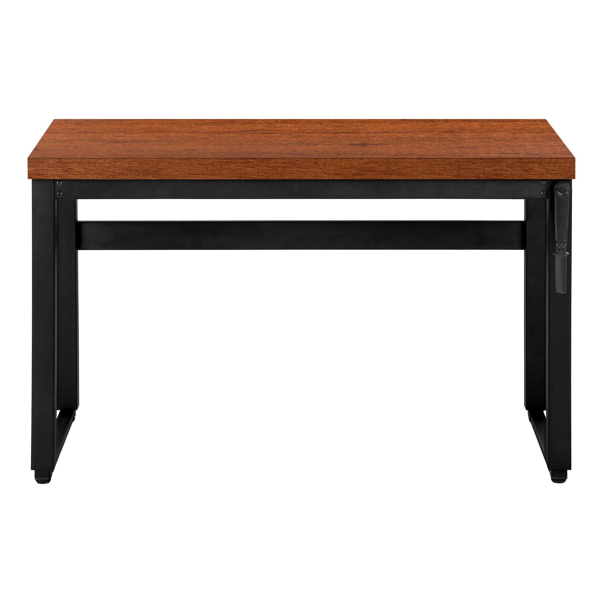 Sleek midcentury modern desk with a walnut veneer top and black metal legs