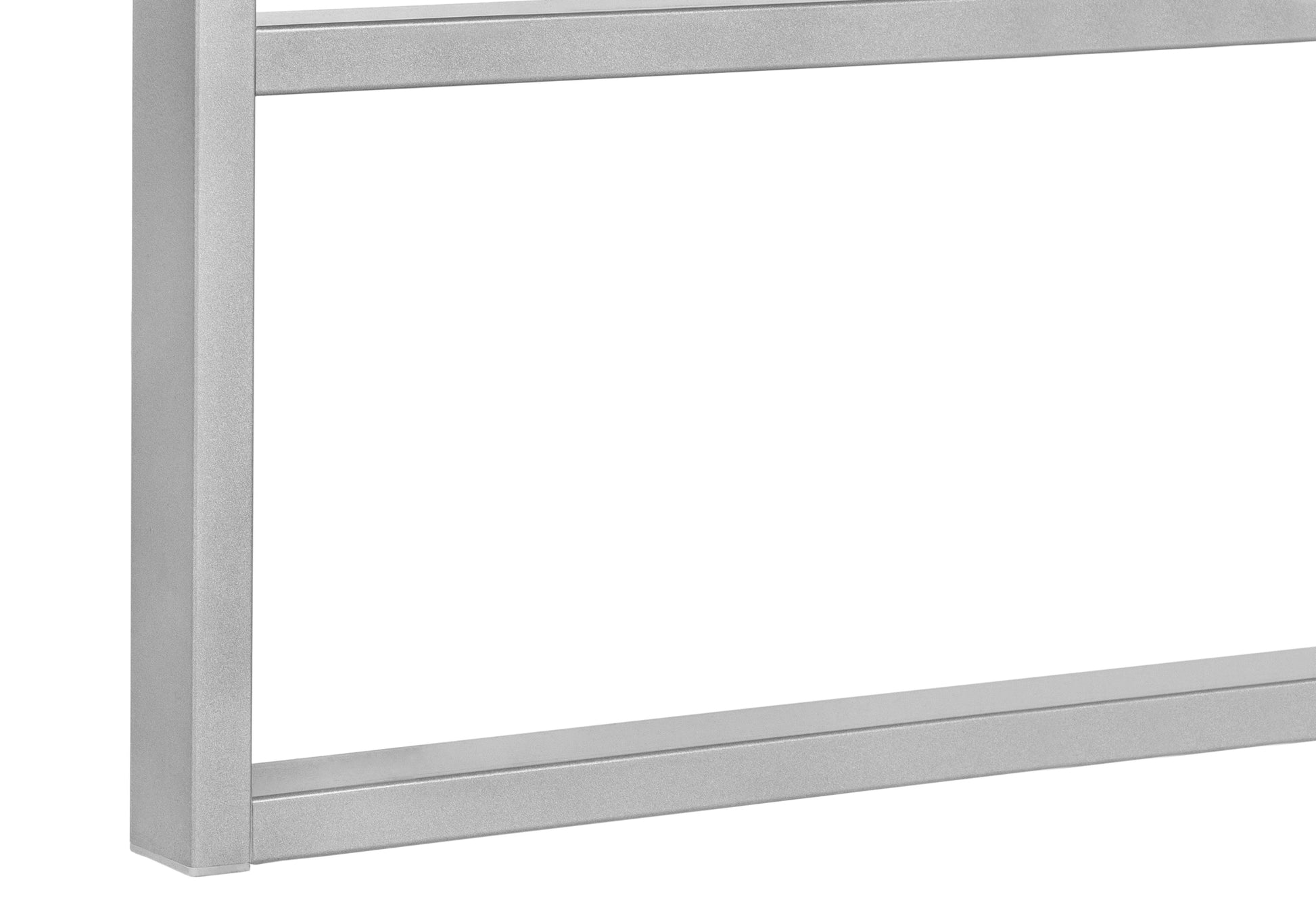 Closeup of brushed aluminum towel rack frame with clean lines