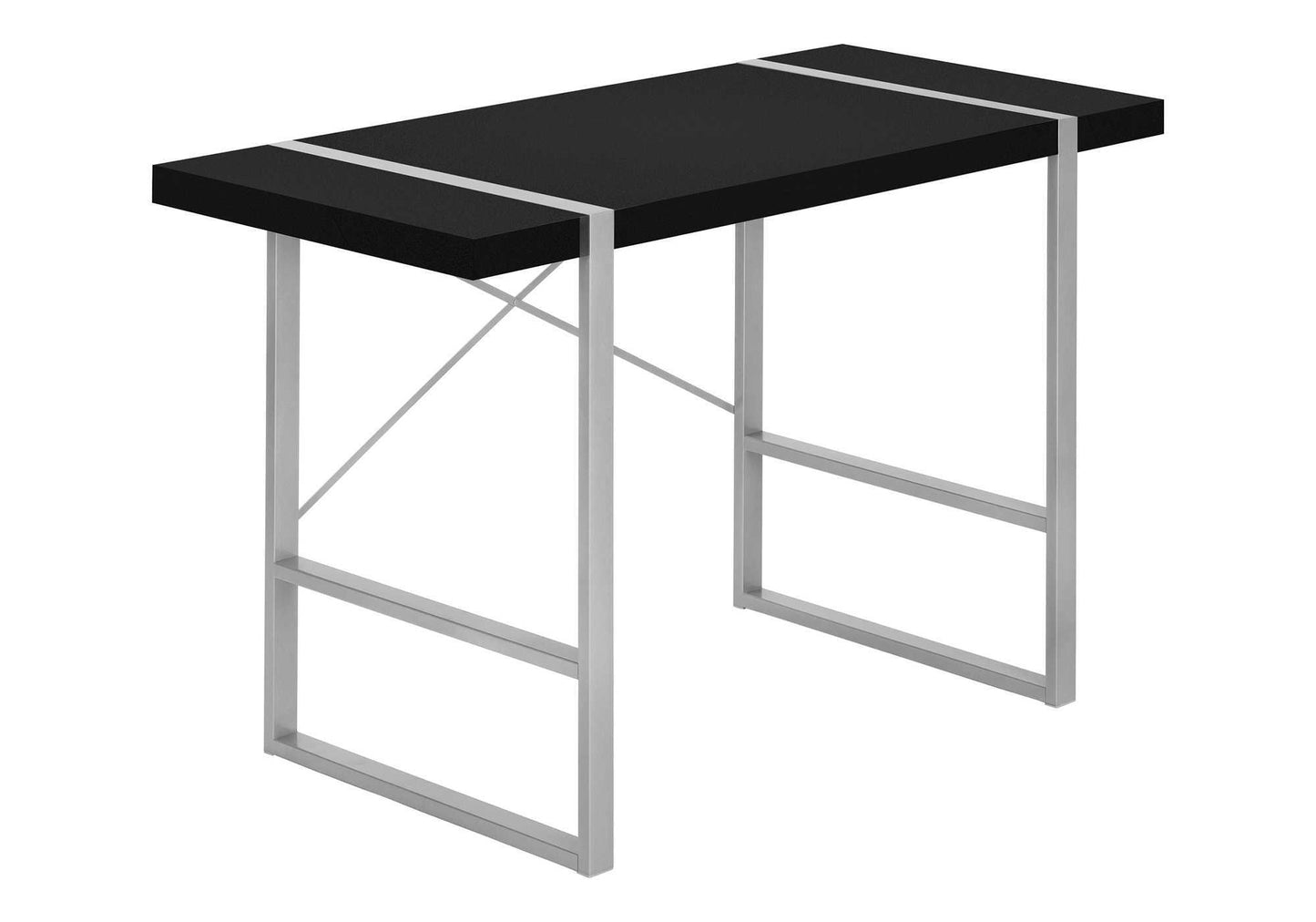 Sleek black console table with silver metal frame and decorative stripes