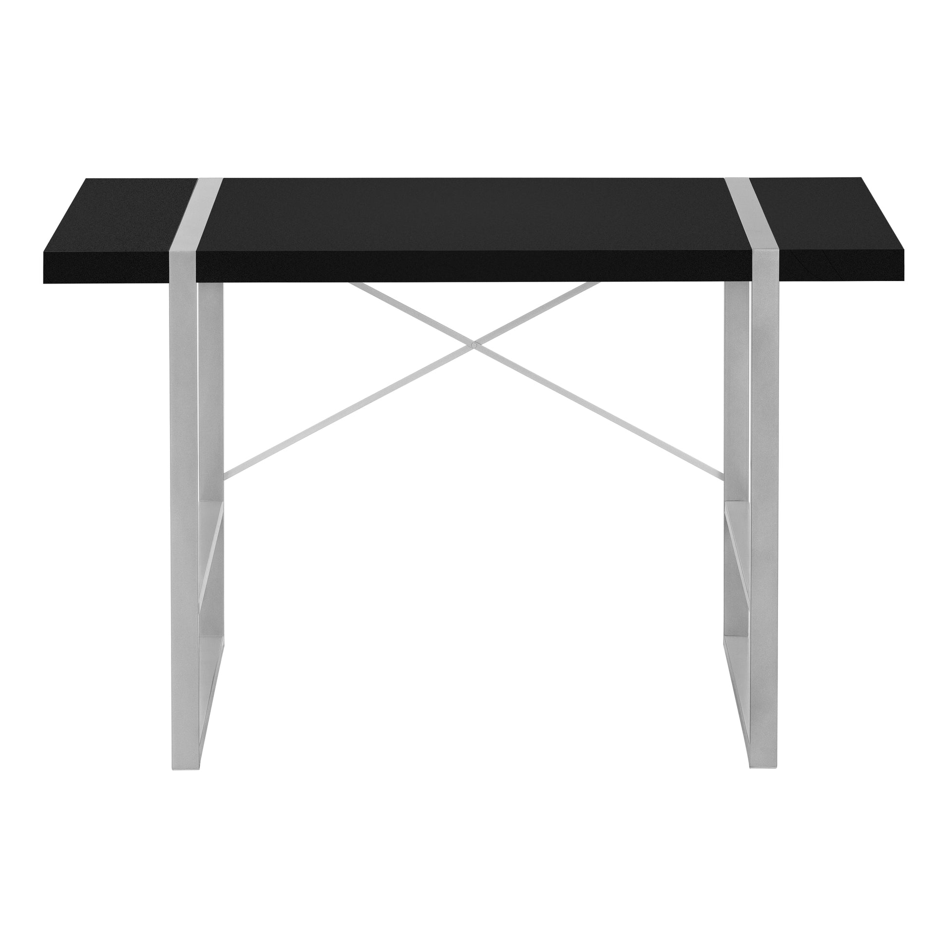 Black modern desk with silver metal frame and crisscross support