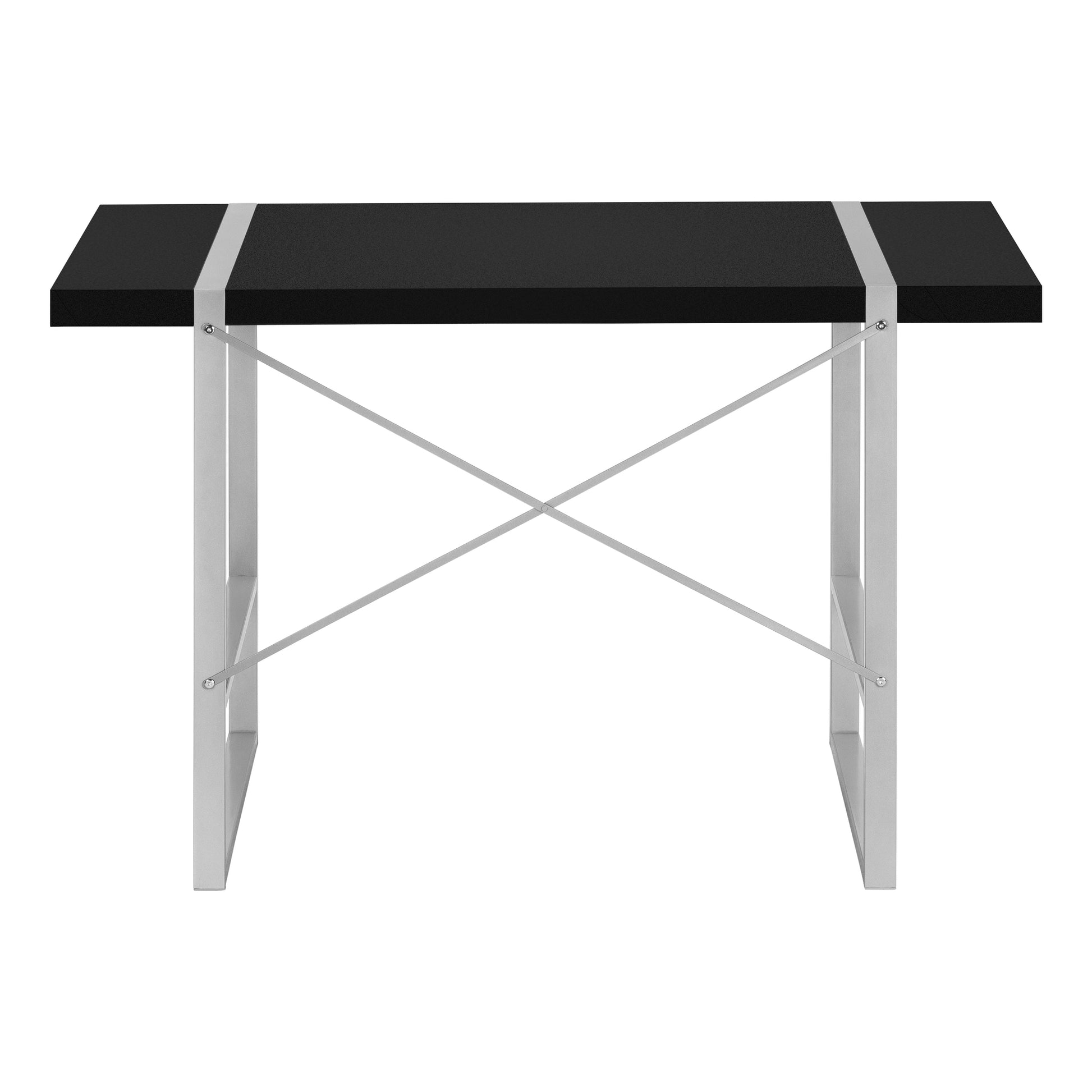 Modern black writing desk with silver metal frame and crisscross support