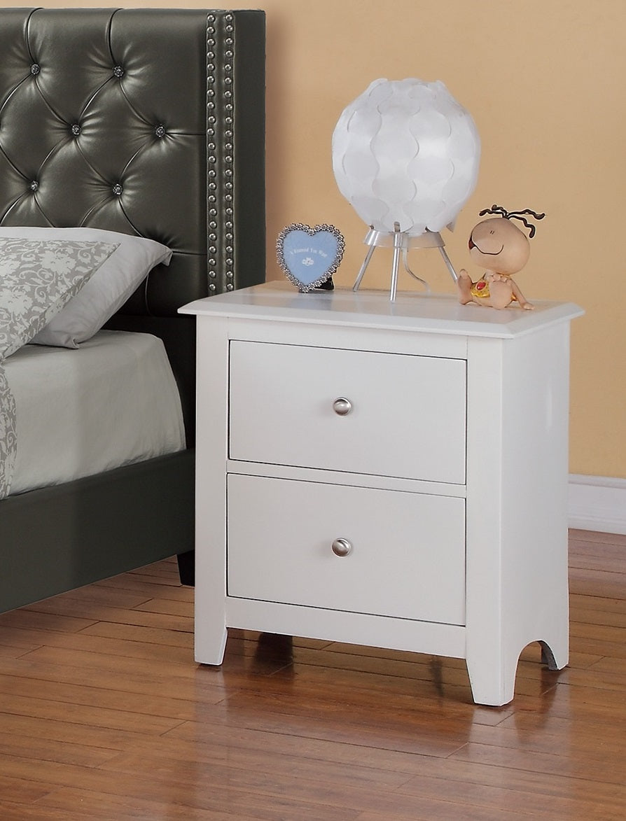 White twodrawer nightstand with silver knobs on wooden floor