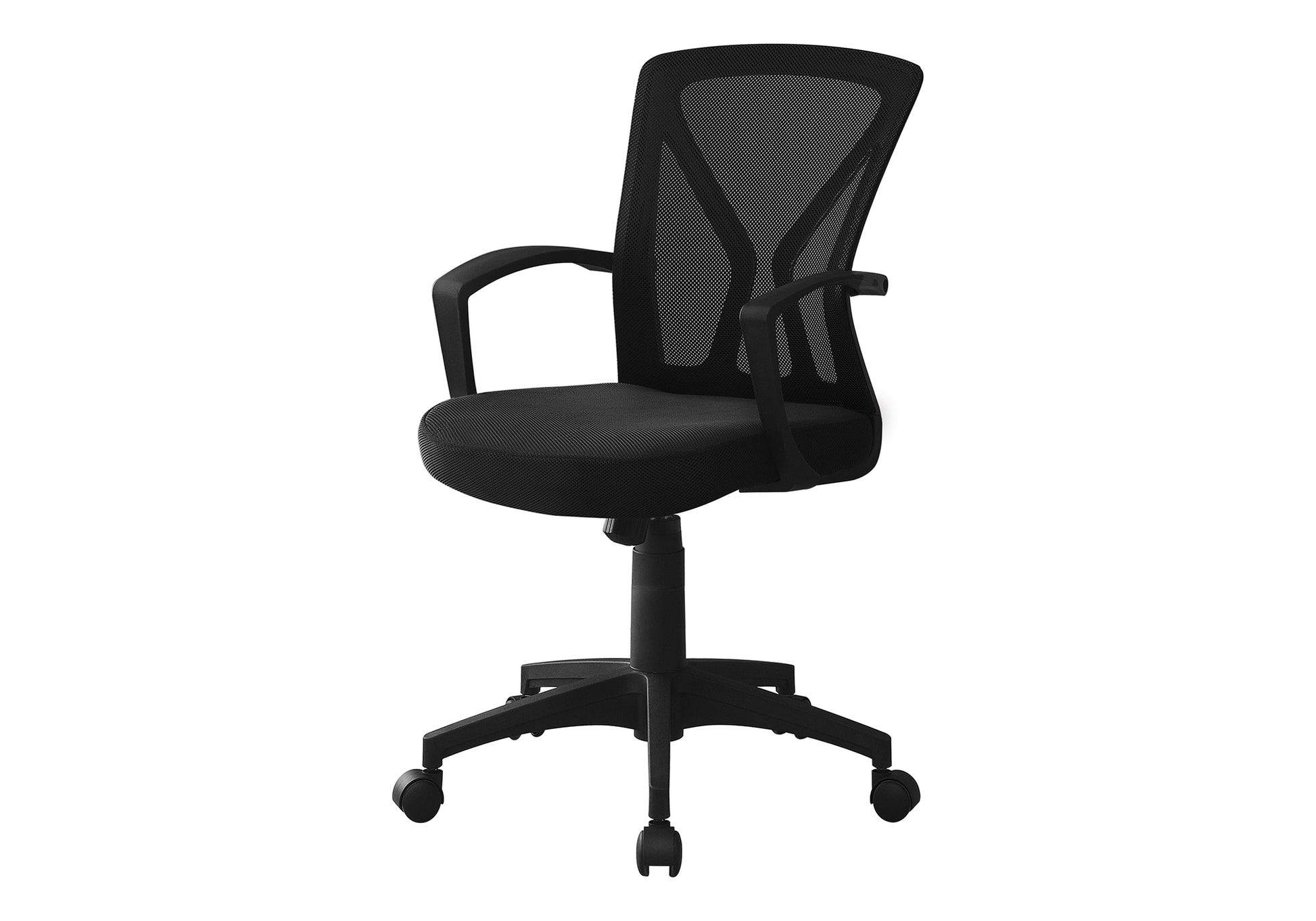 Black mesh ergonomic office chair with padded seat and armrests