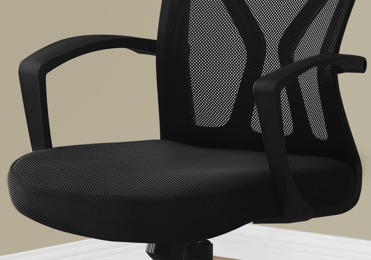 Black mesh office chair with padded seat and curved armrests