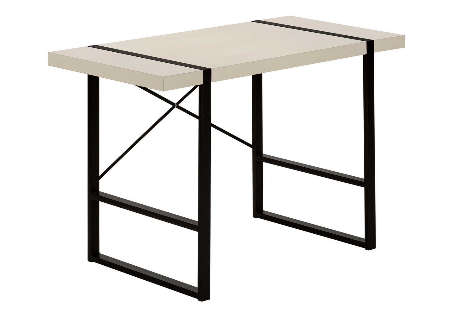 Minimalist beige desk with black metal frame and crossbars