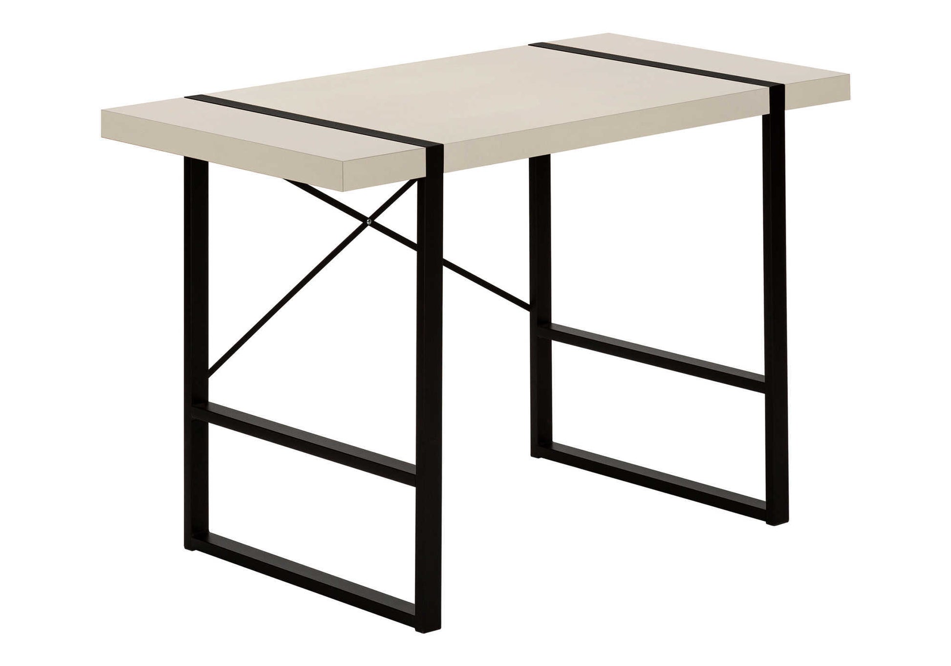 Minimalist beige desk with black metal frame and crossbars