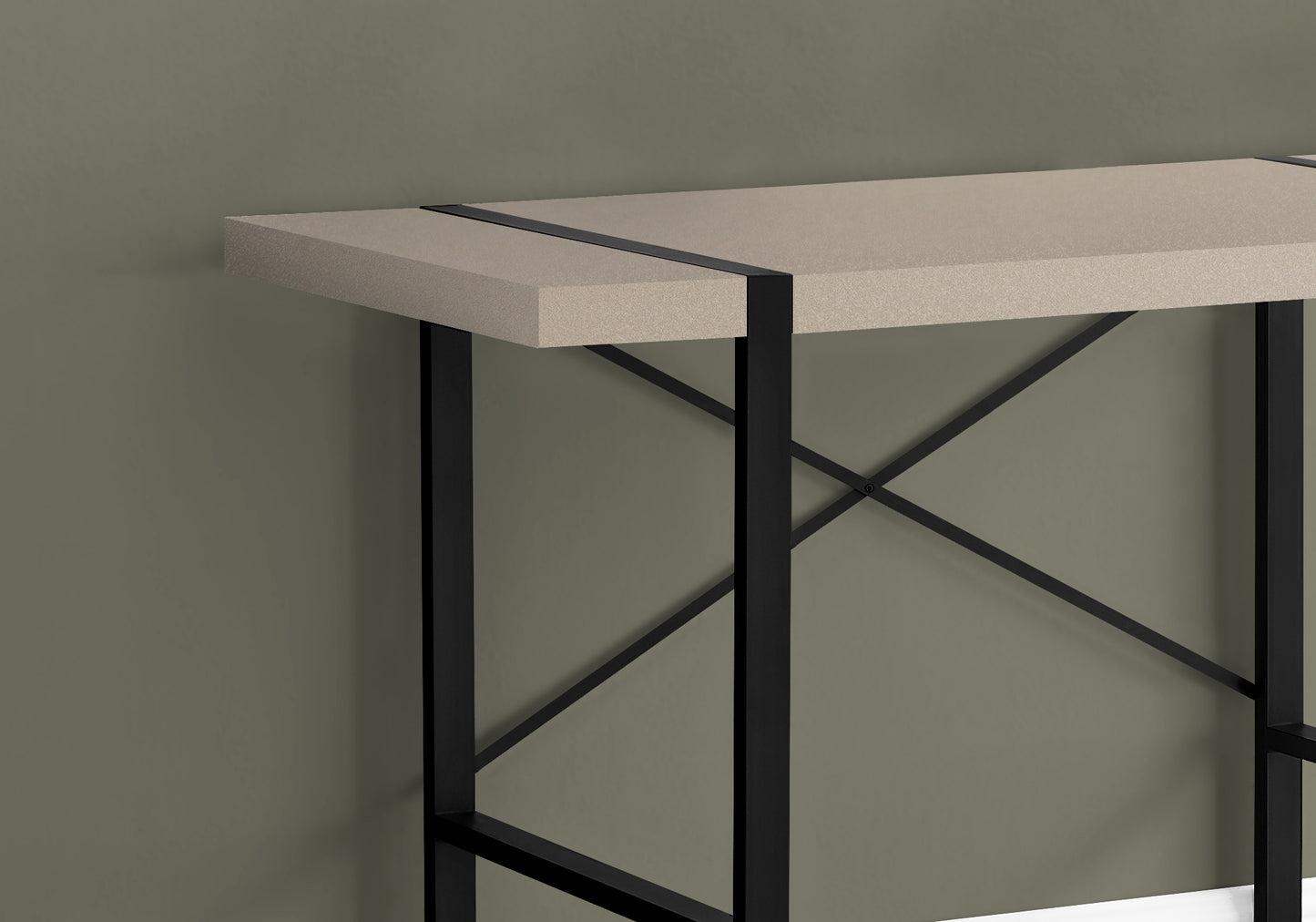 Modern console table with a speckled taupe top and black metal frame