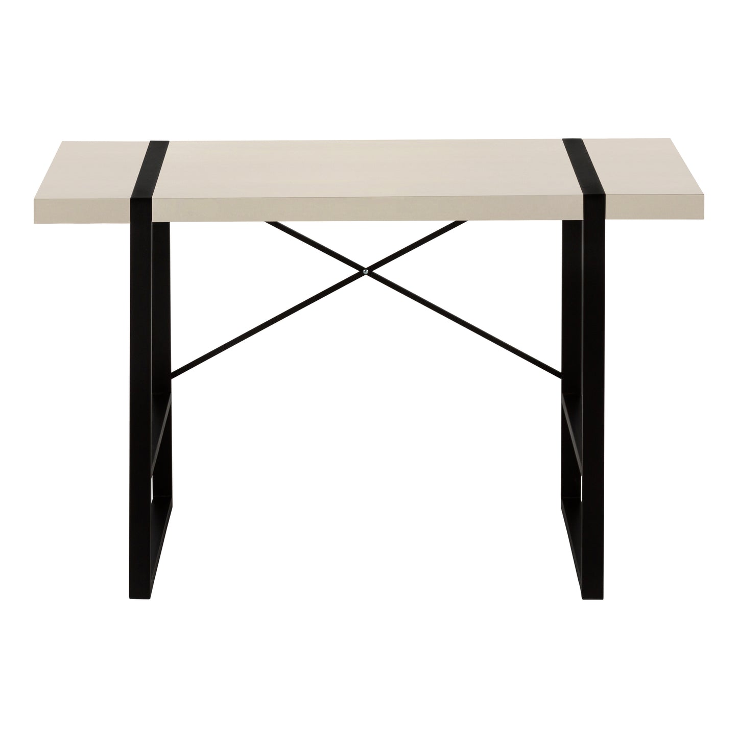 Modern light wood desk with black metal legs and cross brace detail