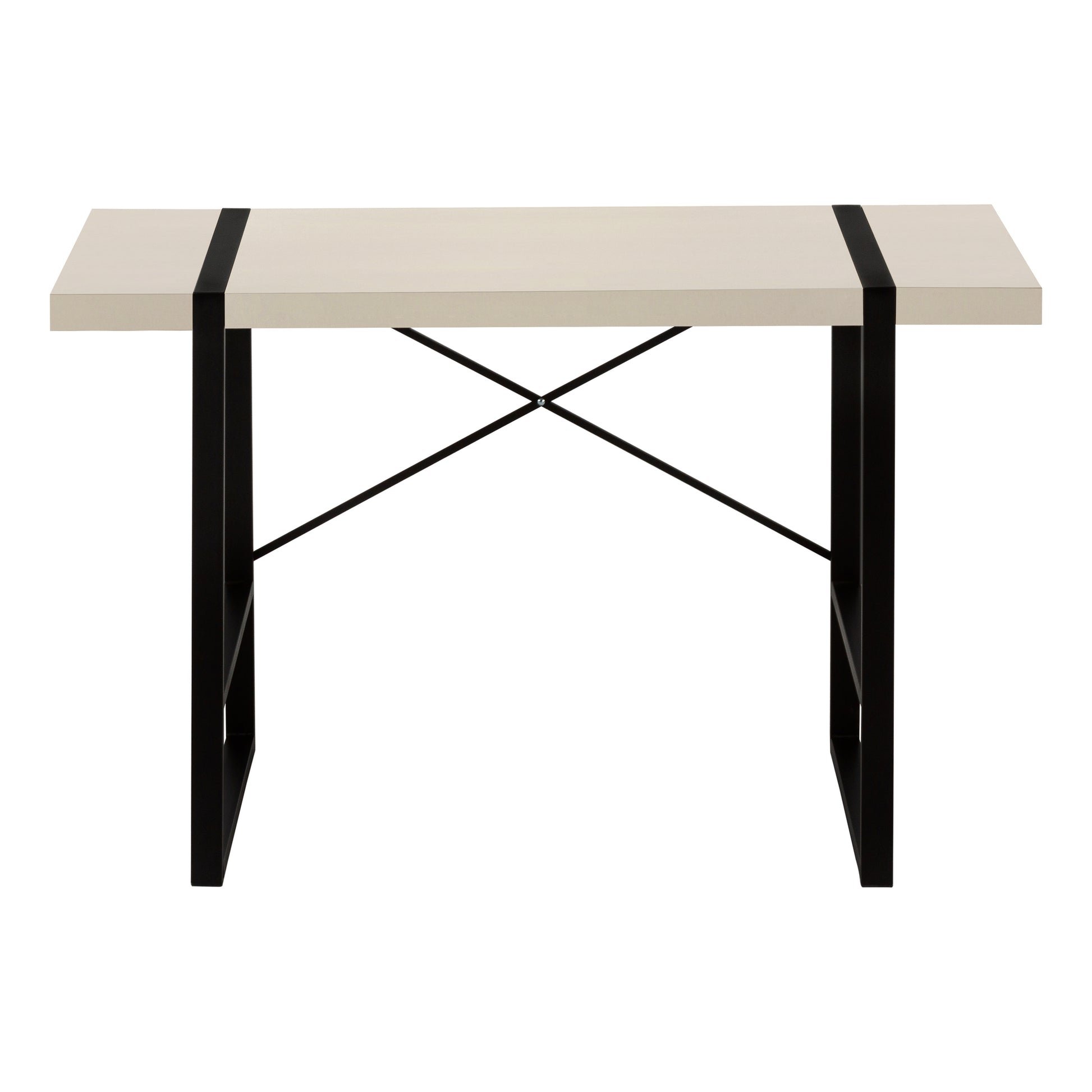 Modern light wood desk with black metal legs and cross brace detail