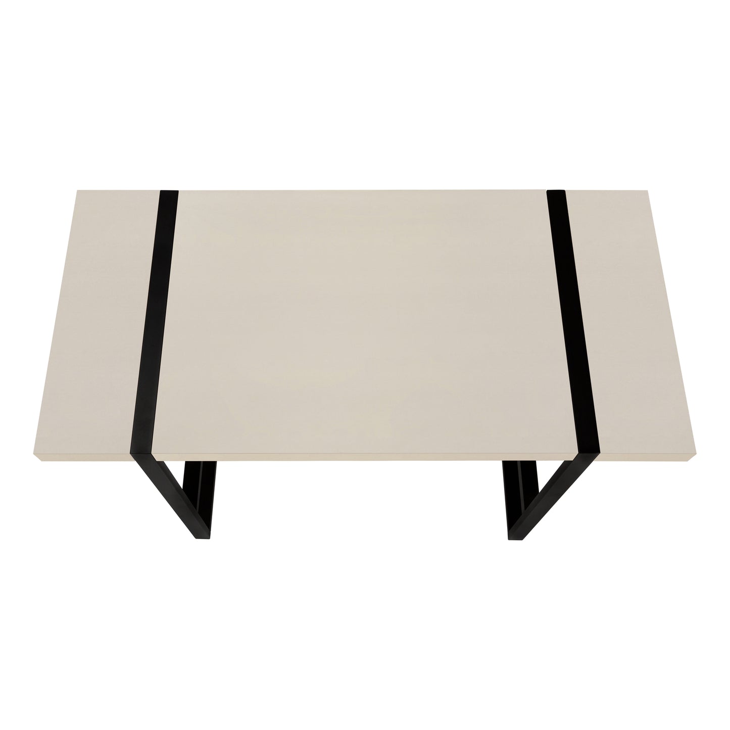 Minimalist beige coffee table with black metal frame legs and accents