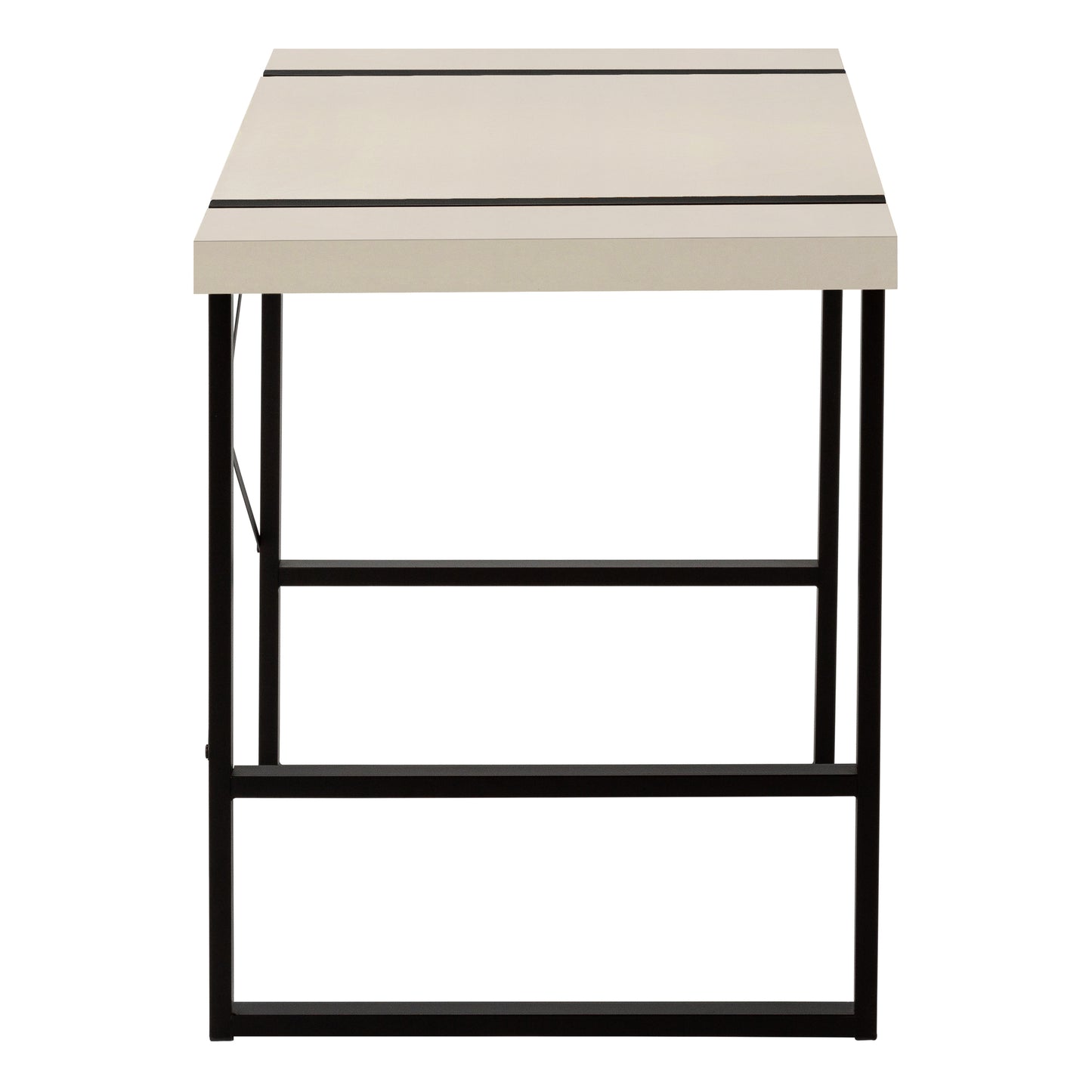 Cream side table with black accents and metal frame perfect for modern living rooms