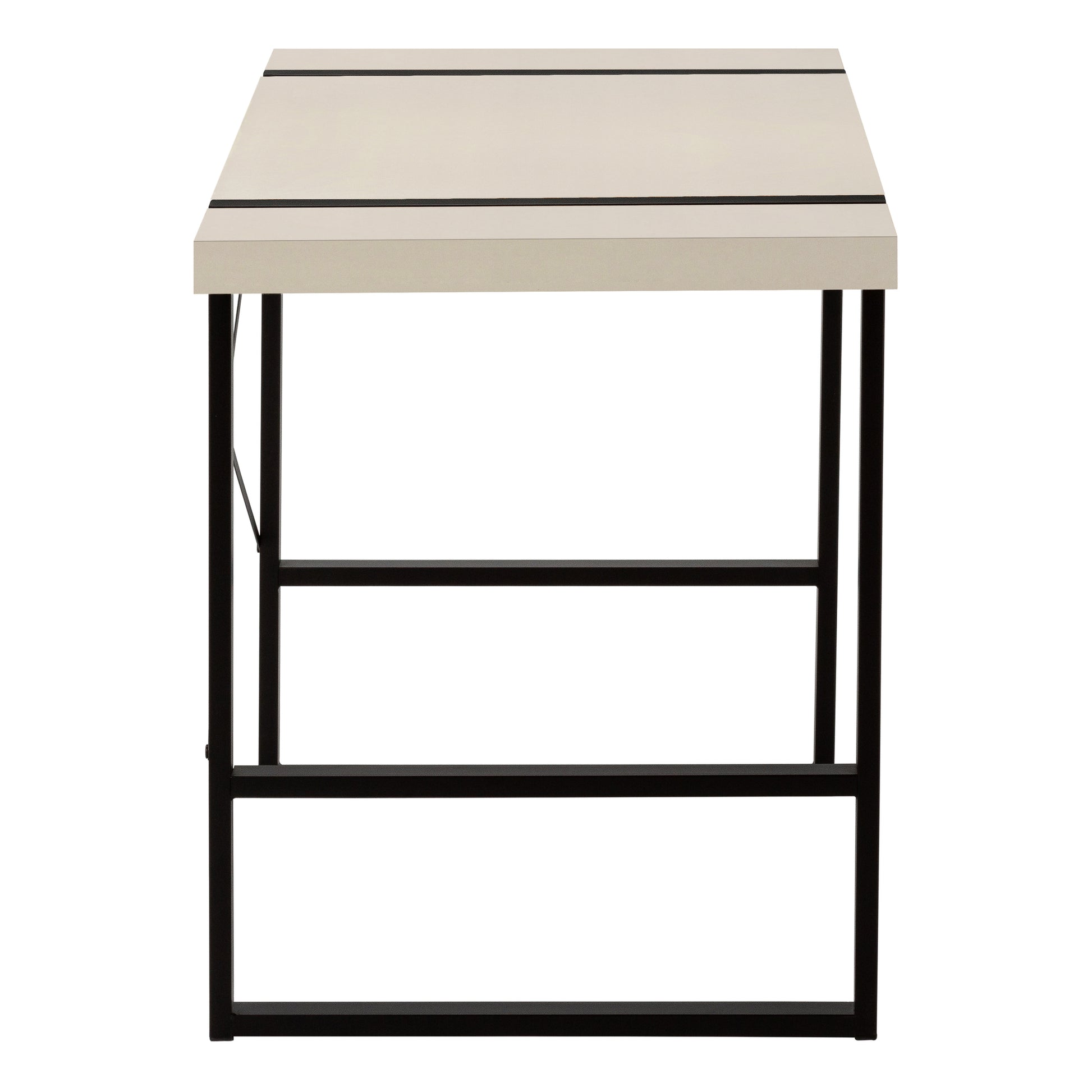 Cream side table with black accents and metal frame perfect for modern living rooms