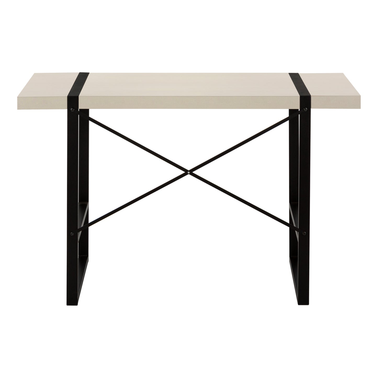 Modern minimalist desk with a light beige surface and black metal legs Xbrace