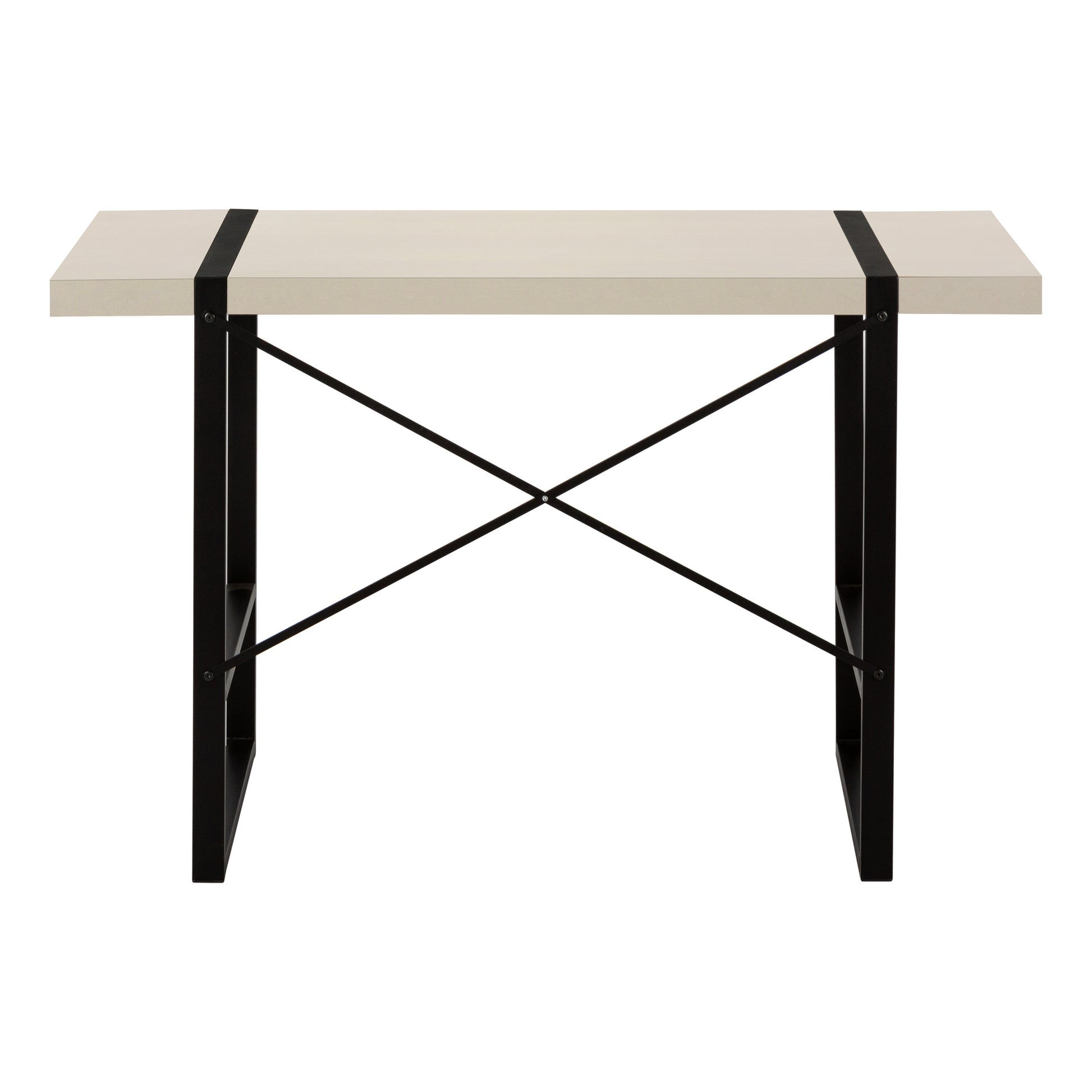 Modern minimalist desk with a light beige surface and black metal legs Xbrace