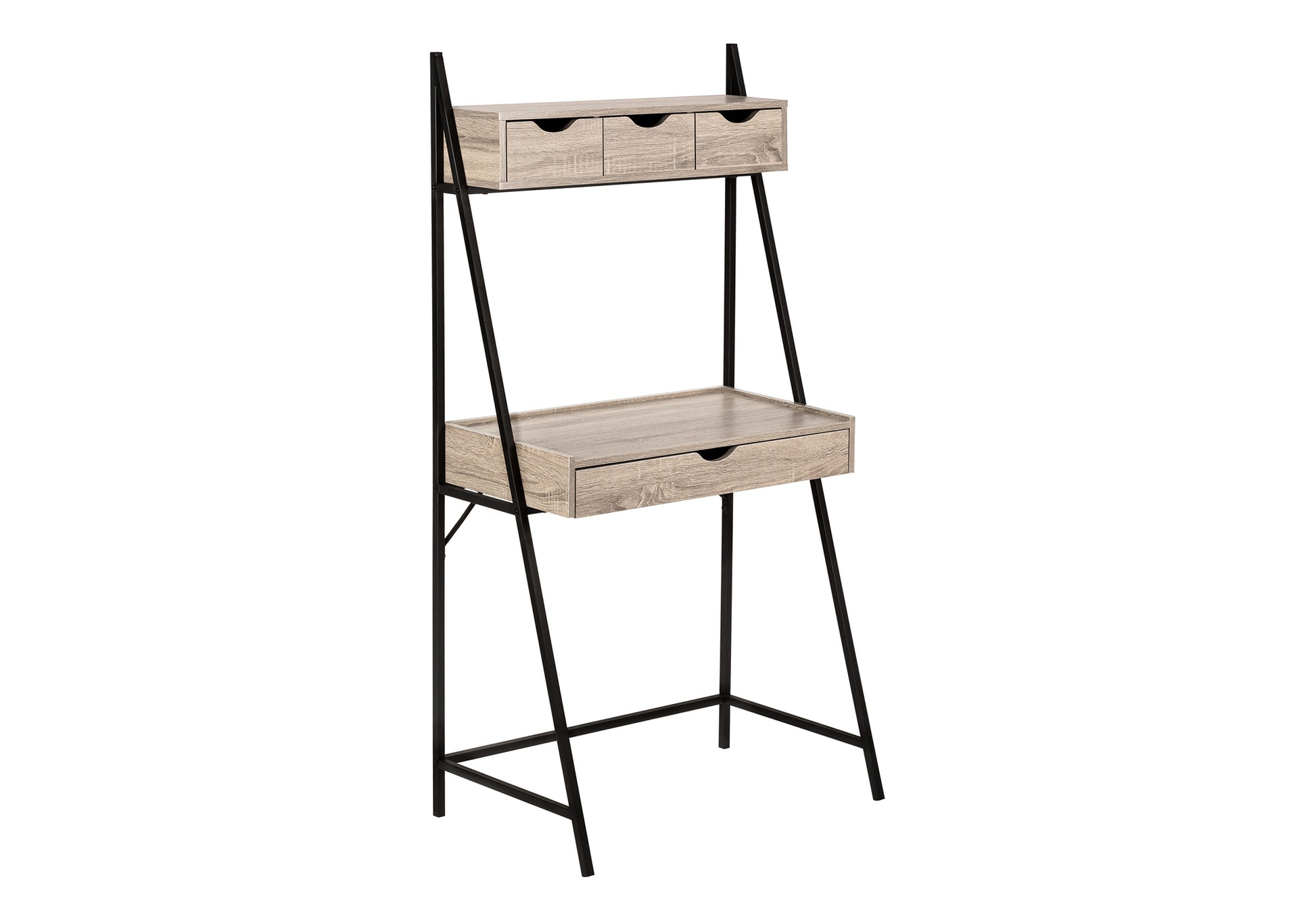 Ladder desk with light oak finish and black metal frame featuring three top drawers and one lower drawer