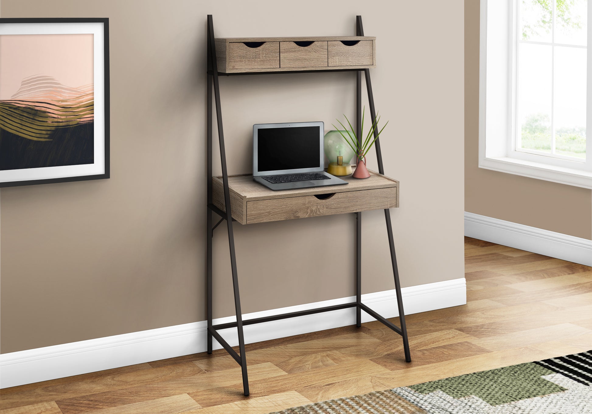 Rustic wood ladder desk with three drawers and laptop on main shelf
