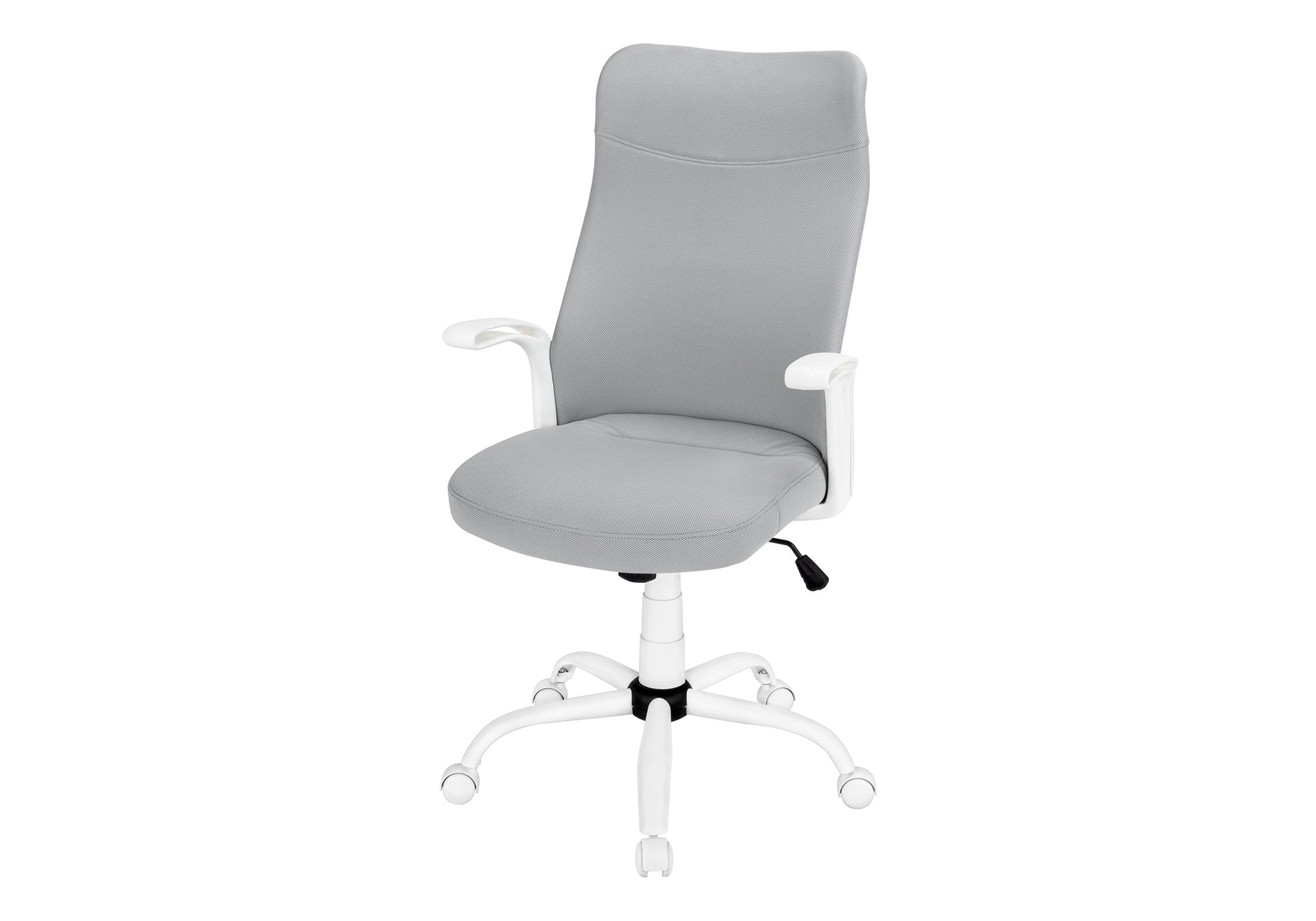Modern gray fabric office chair with white base and armrests